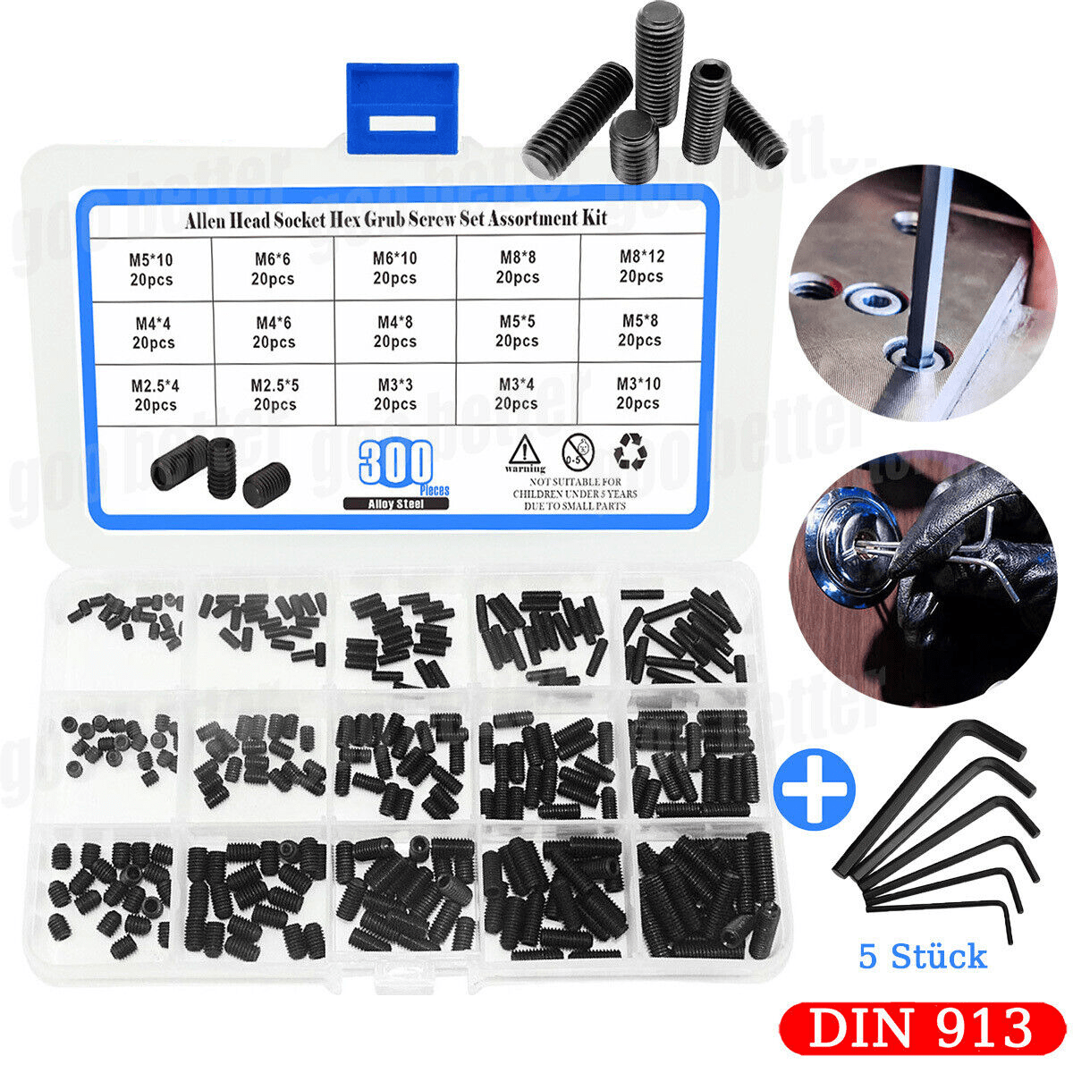 Allen Head Socket Hex Grub Screw Assortment Kit, 300PCS M2.5 - M8 Carbon Steel Internal Hex Drive Cup - Point Set Screws Assortment Kit for Door Handles, Faucet - HomeDIYer