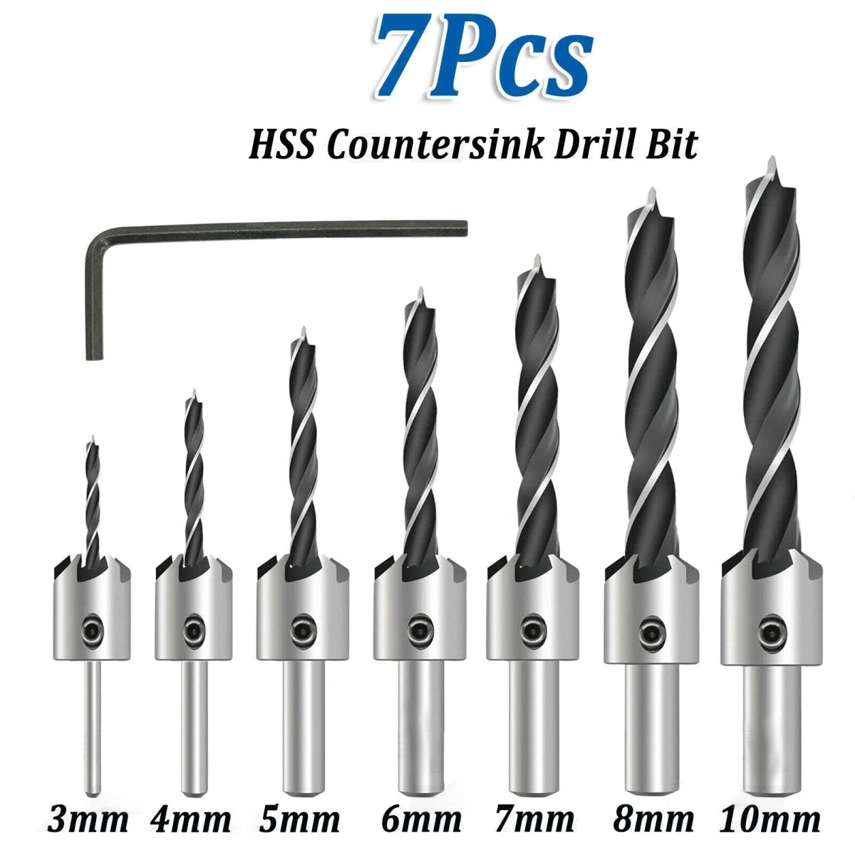 7Pc Countersink Drill Bit Set 3/4/5/6/7/8/10 mm HSS Woodworking Pilot Screw Hole - HomeDIYer