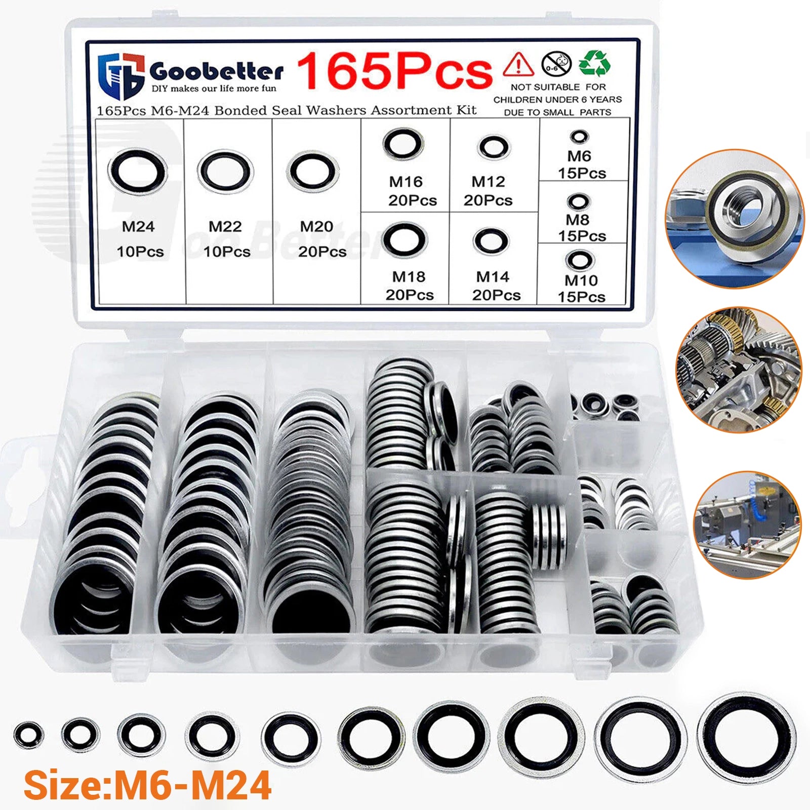 165x Bonded Seal Washers M6 - M24 Kit Washer Hydraulic Oil Petrol Sealing Washers - HomeDIYer