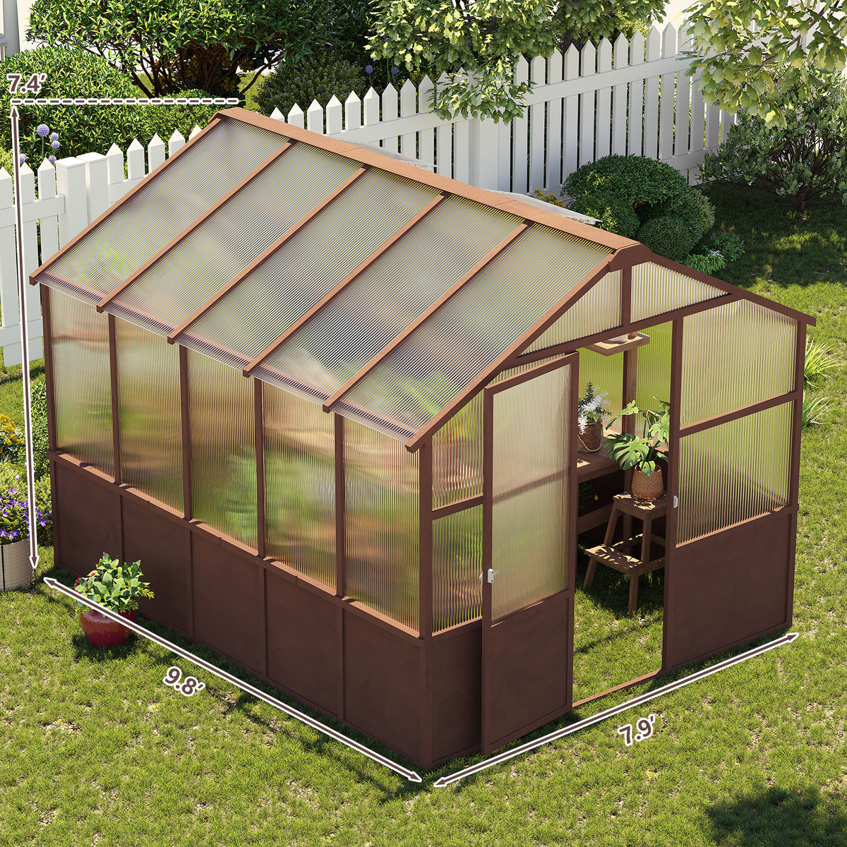 8ft x 10ft Cedar Wood Walk‑In Greenhouse — 6mm Polycarbonate Panels Adjustable Vent & Lockable Door Dark Coffee