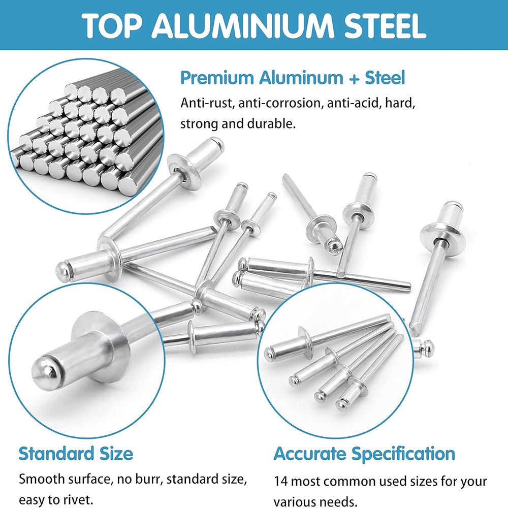 Silver Pop Rivets Assortment Set Aluminium Body Steel Mandrel Open End Dome Head - HomeDIYer