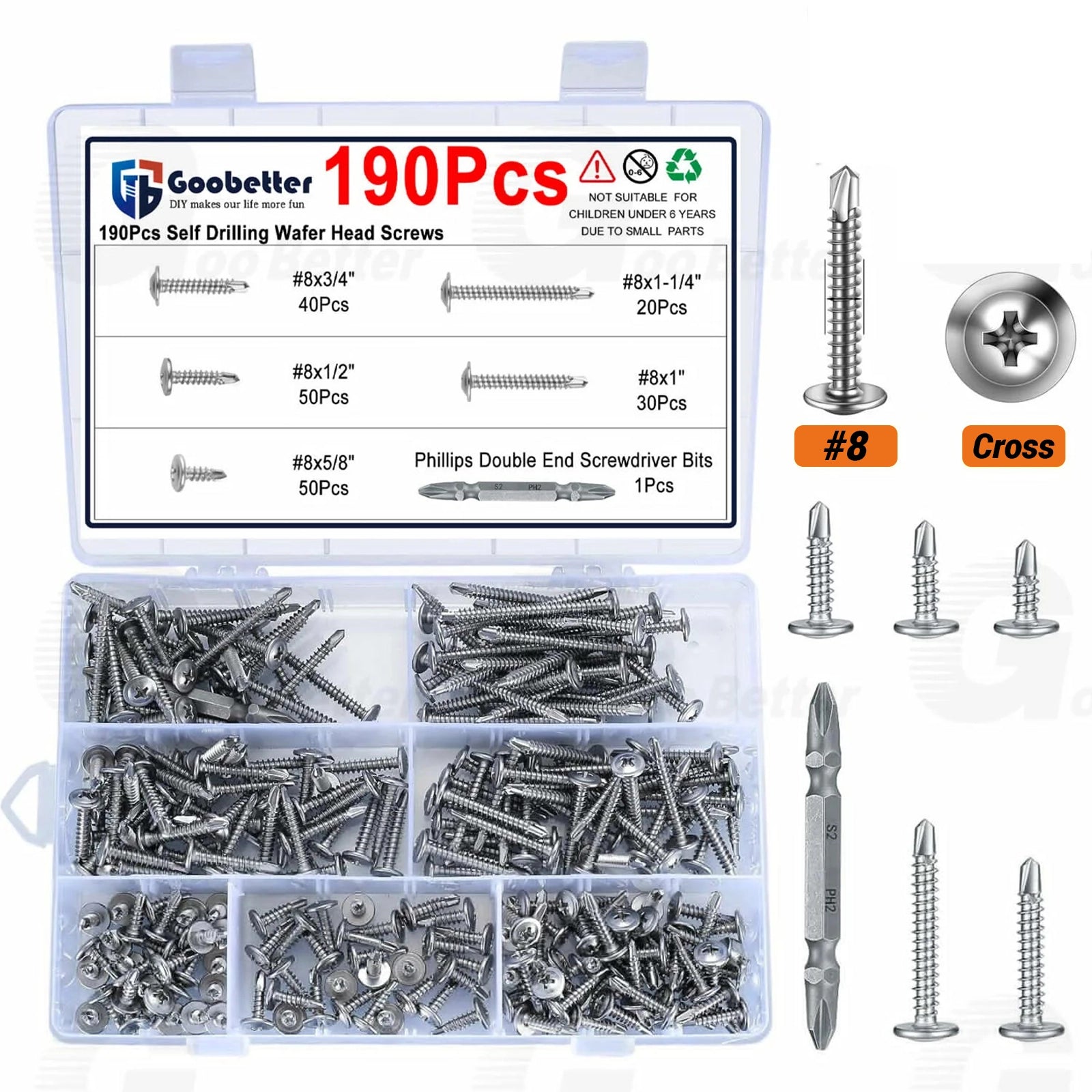 190pcs 8 Sheet Metal Self Tapping/Drilling Screws Stainless Steel Wafer Head - HomeDIYer