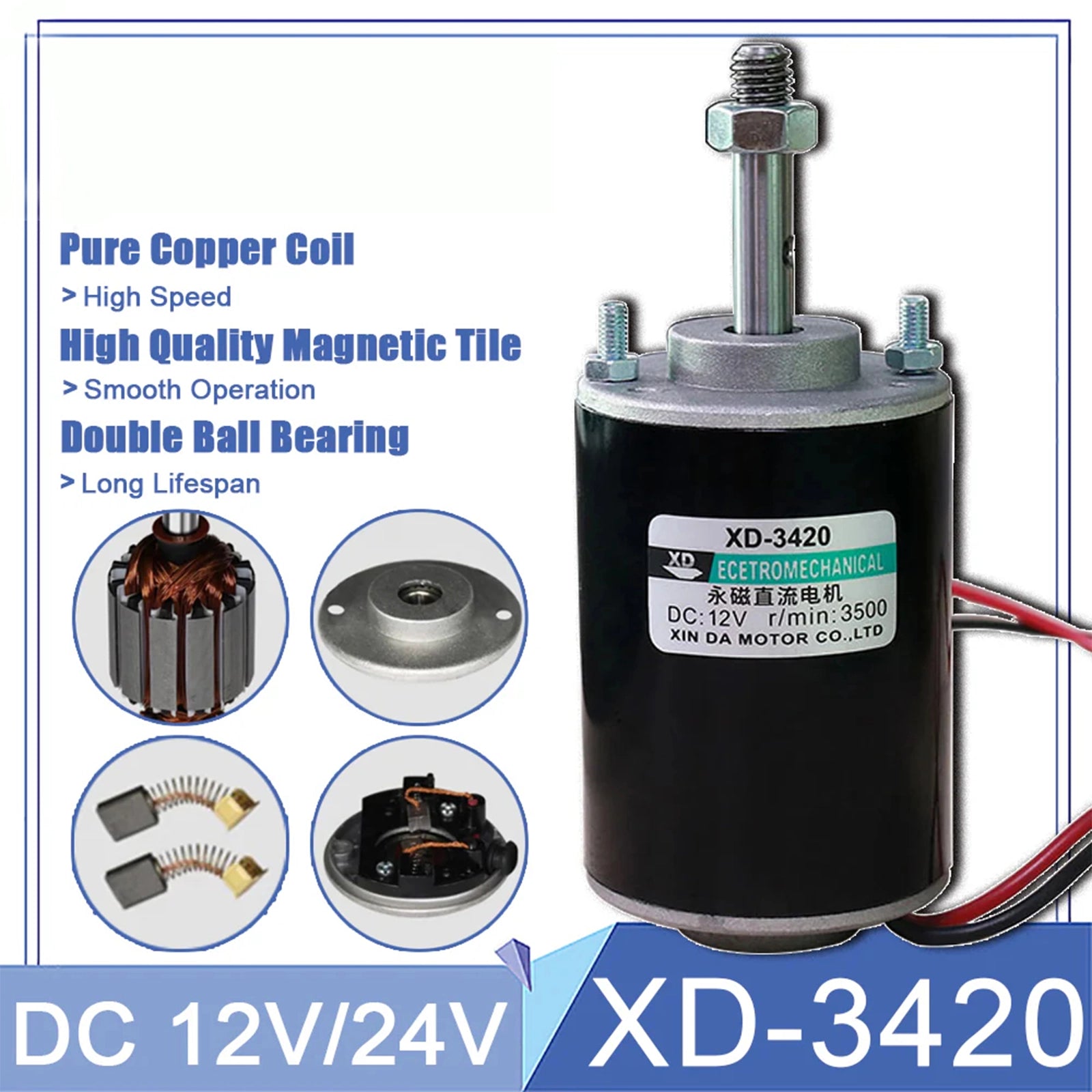 DC 12/24V Permanent Magnet High Speed Mini Motor 30W CW/CCW 3500/7000RPM XD - 3420 - HomeDIYer