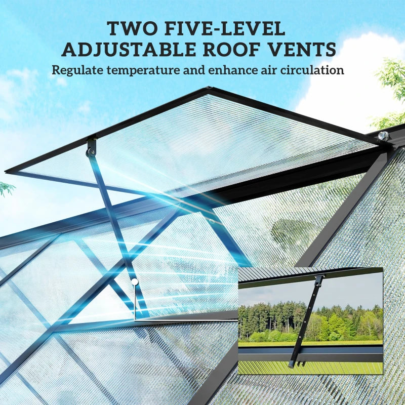 Modern Walk‑In Greenhouse — UPF 50+ Polycarbonate Panels Swing Door Adjustable Roof Vents Black Clear