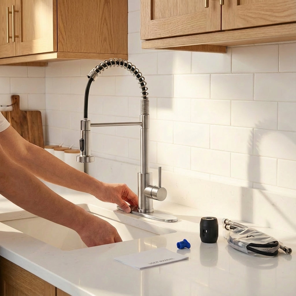 Industrial Pull Down Kitchen Faucet | Brushed Nickel Stainless Steel | 1 or 3 Hole | Farmhouse, RV, Wet Bar