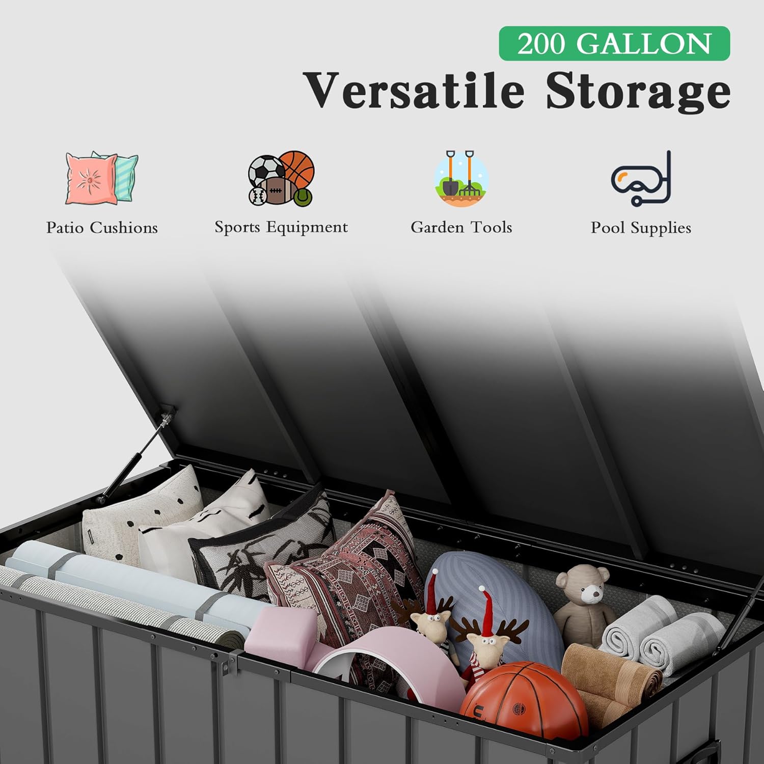 200 Gallon Metal & Plastic Deck Box – Waterproof Outdoor Storage Bench with Lockable Lid, Dark Gray