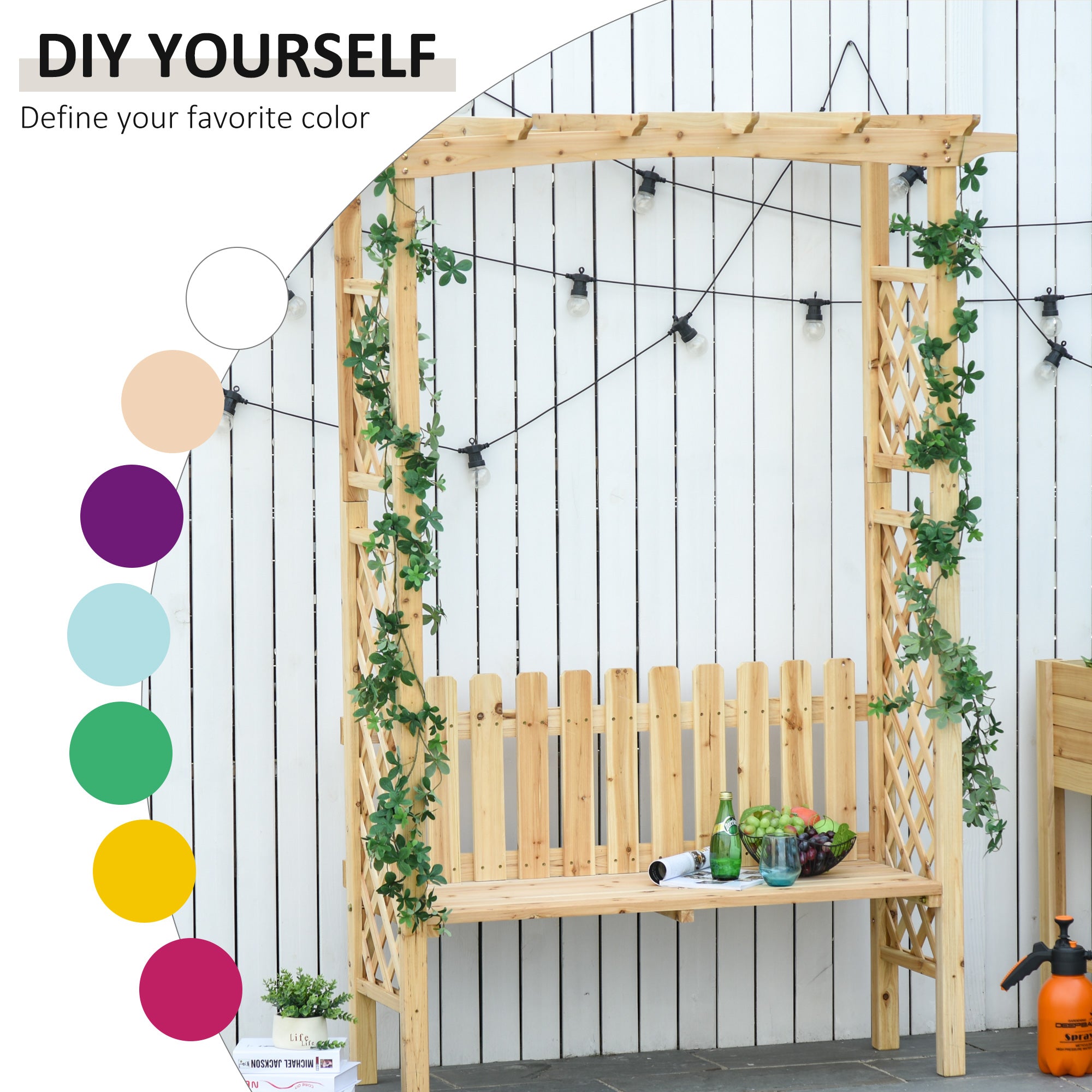 Outsunny Wooden Garden Arbor for Climbing Plants with Garden Bench, Garden Arch to Grow Grapes & Vines, Patio Decor & 2-Person Outdoor Wood Decorative Seating, Natural