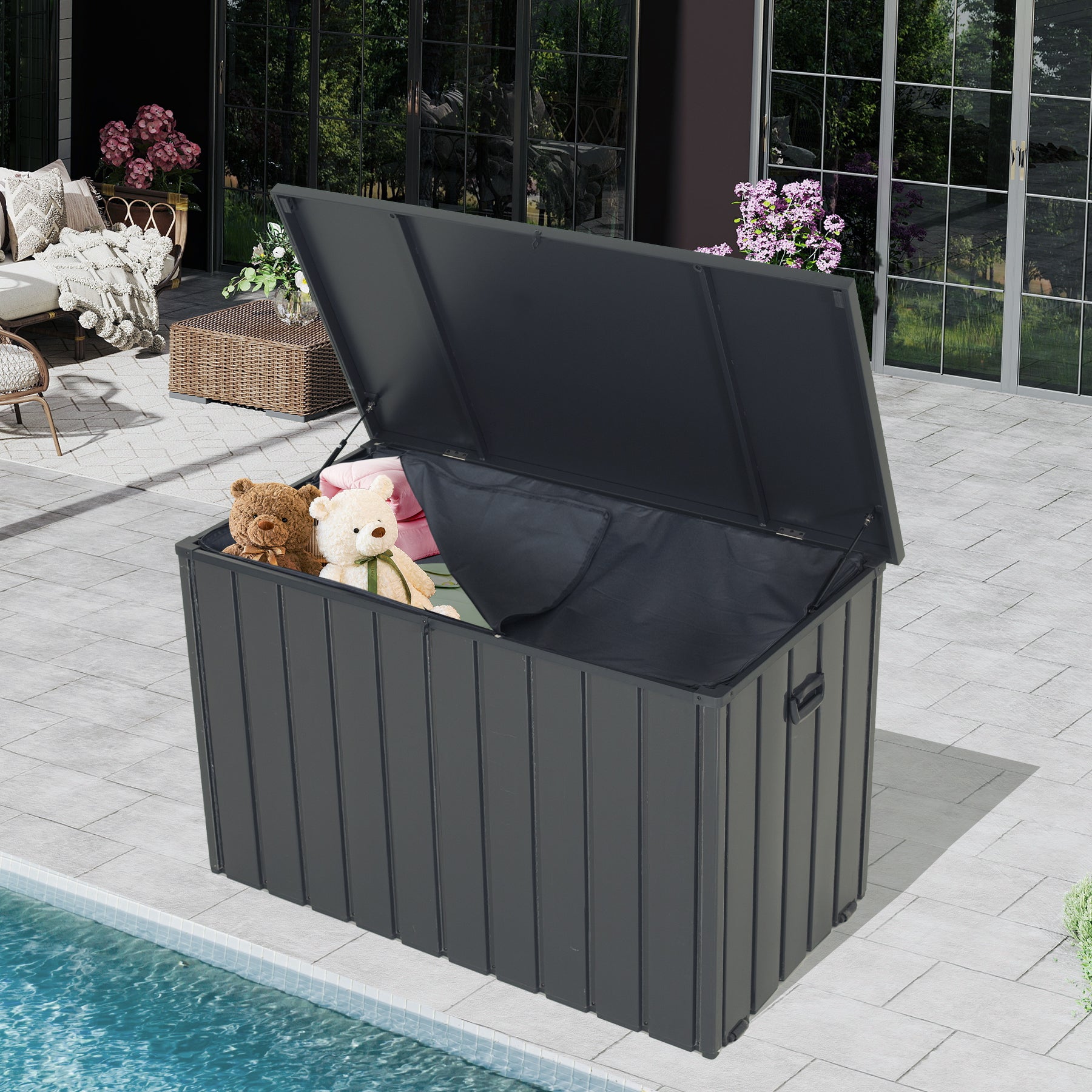 200 Gallon Metal Outdoor Deck Box with Built‑in Oxford Fabric Storage Bag – Waterproof Patio Bench, Dark Gray