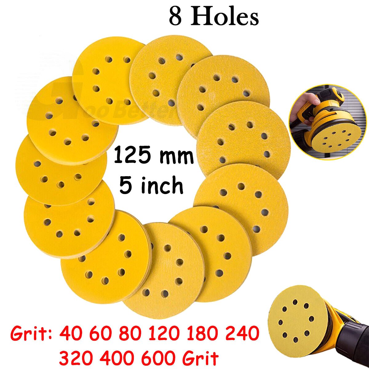 125mm 5" 8 Hole Sanding Discs Hook And Loop 40 60 80 - 600 Grit Set For Metal Wood - HomeDIYer