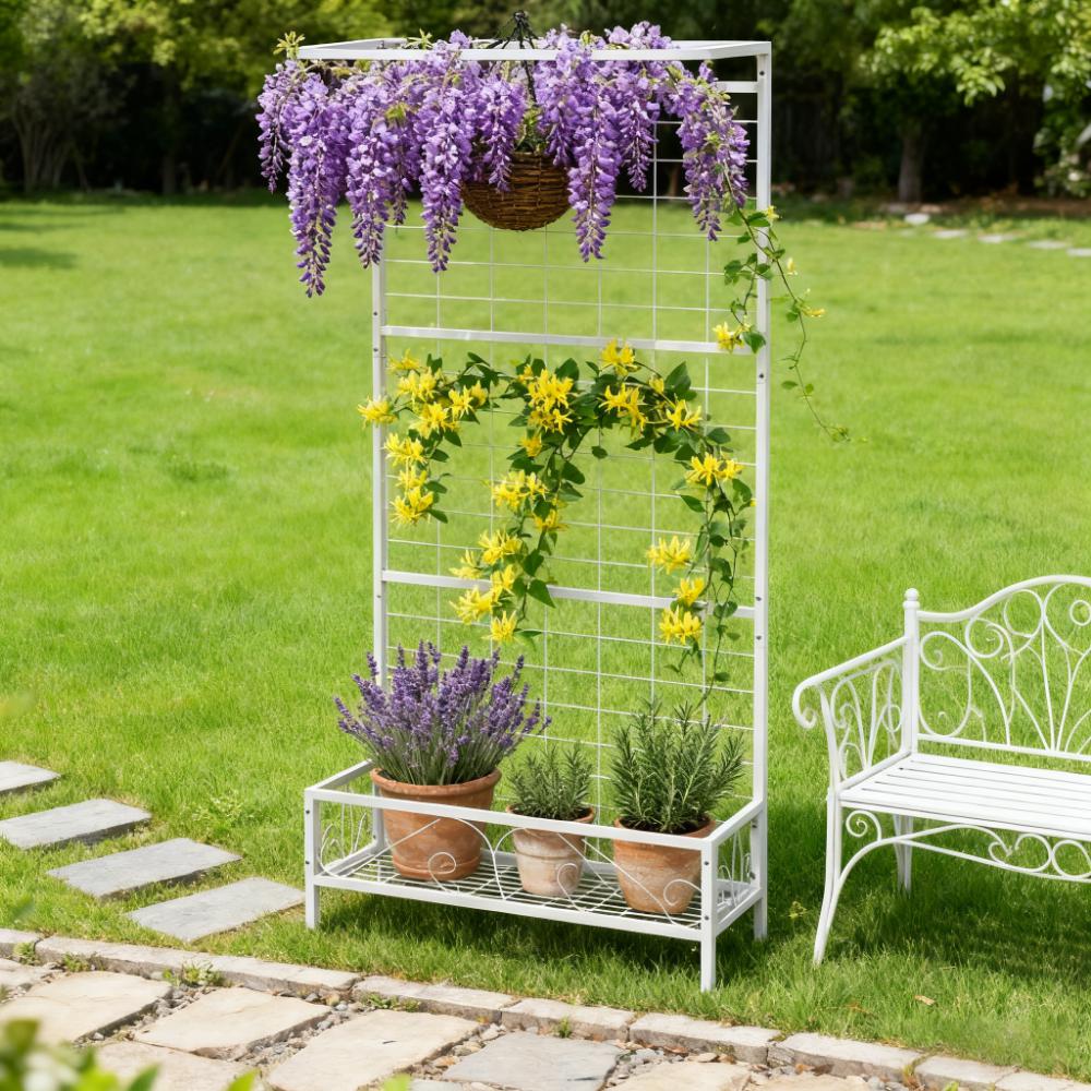 White Plant Holder,Metal Tall Plant Stand with Trellis and Hanging Bar,for Indoor Outdoor Use
