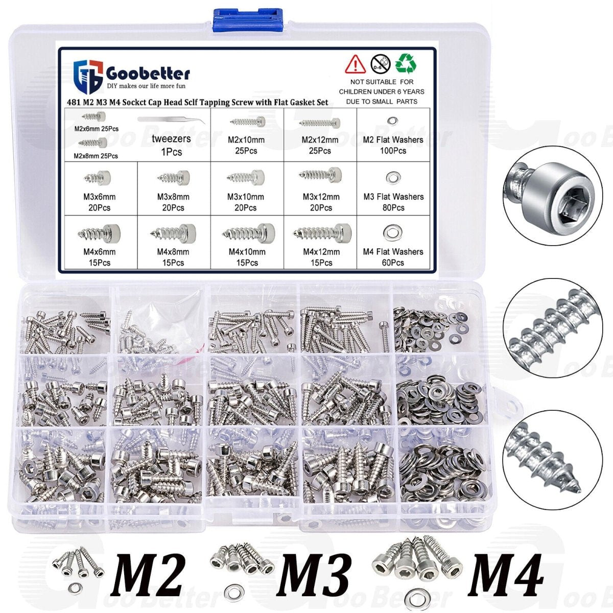 481Pcs M2 M3 M4 Sockct Cap Head Sclf Tapping Screw with Flat Gasket Set - HomeDIYer