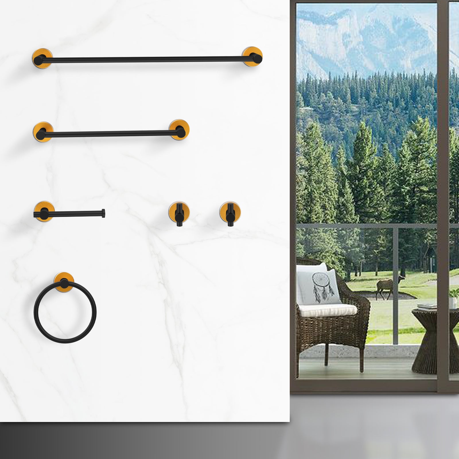6-Piece Black Gold Bathroom Hardware Set – 23” & 16” Towel Bars, Hooks, Ring, TP Holder