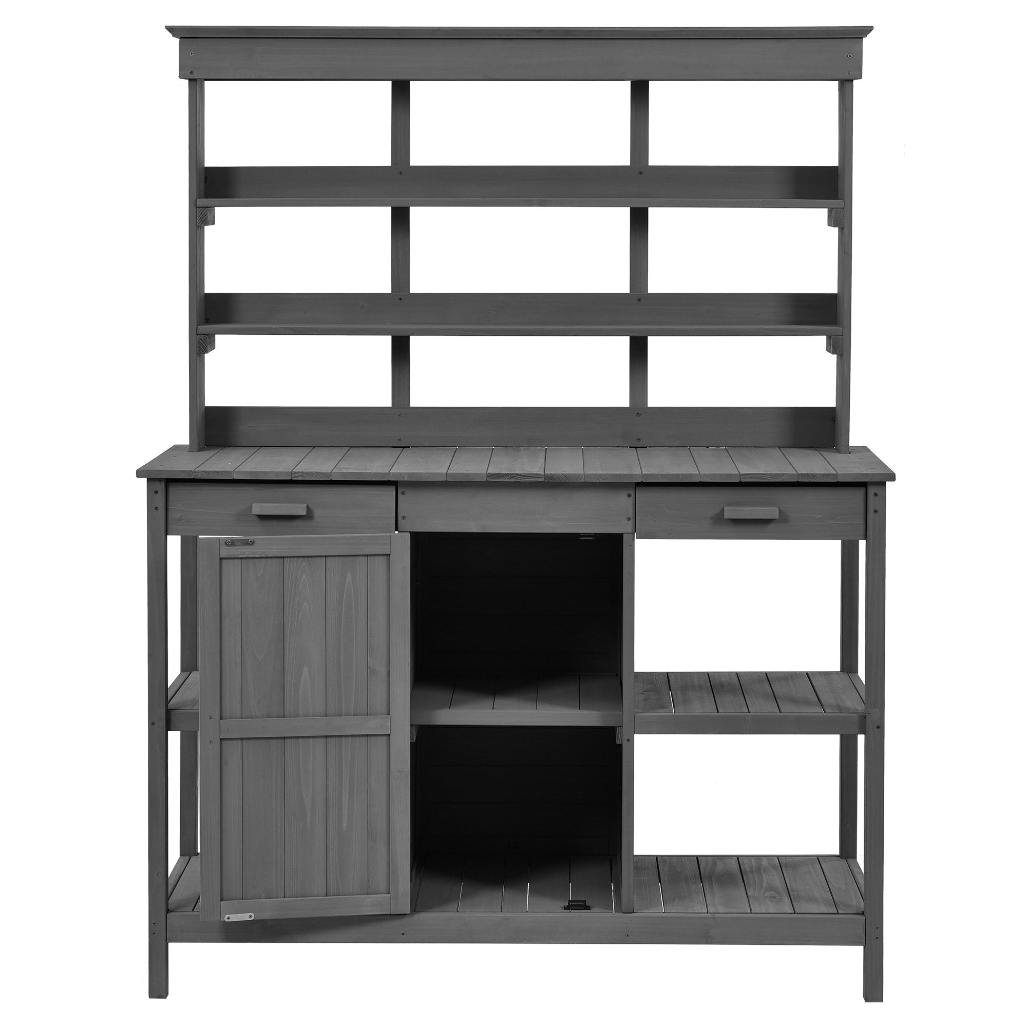 TOPMAX 66'' Large Outdoor Farmhouse Wooden Potting Bench Table, Garden Workstation with 2 Drawers,Cabinet and Open Shelves for Backyard, Mudroom, Gray