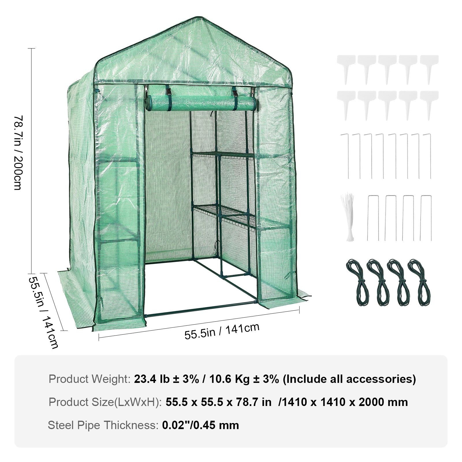 4.6ft x 4.6ft x 6.6ft Walk‑In Greenhouse with 4 Shelves — High‑Strength PE Cover Roll‑Up Door & Steel Frame Green