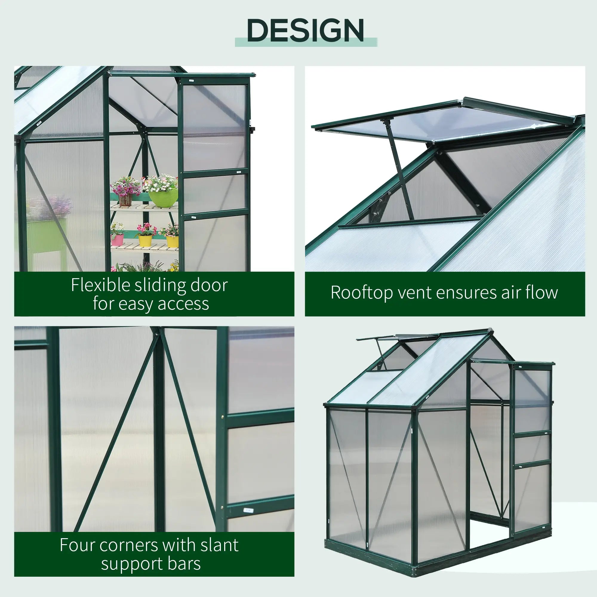 6ft x 4ft Polycarbonate Walk‑In Greenhouse — Aluminum Frame Rain Gutter & Adjustable Roof Vent Multi