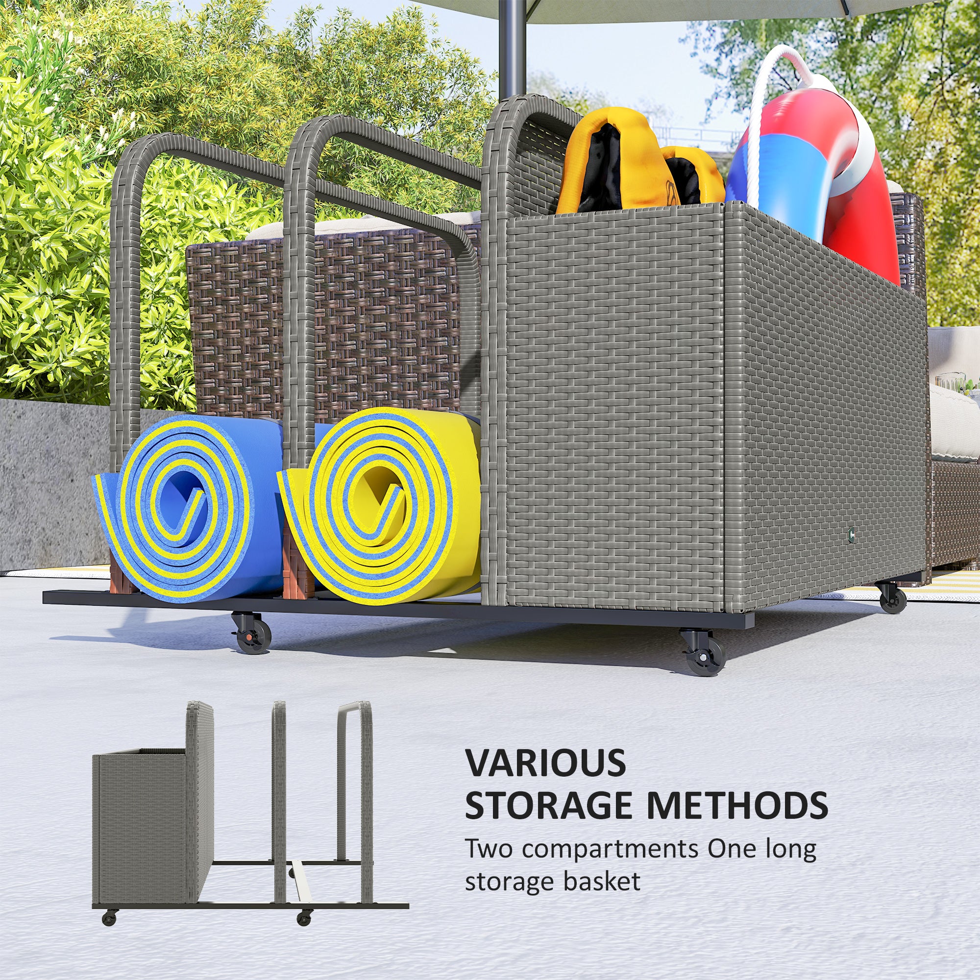 Outsunny Wicker Pool Float Storage Organizer, PE Rattan Outdoor Pool Float Holder with Rolling Wheels & Storage Rack, Mixed Gray