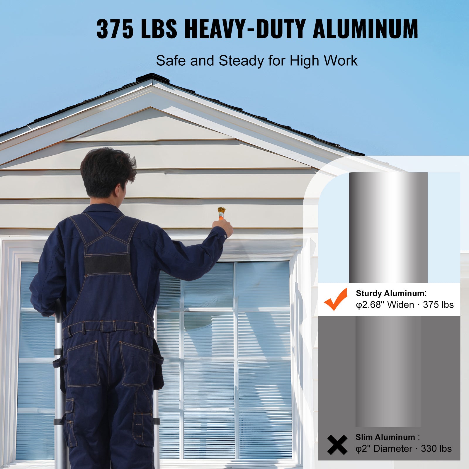 12.5FT Telescoping A‑Frame Ladder with Stabilizer Bar — 375 lb Capacity, Aluminum, Silver