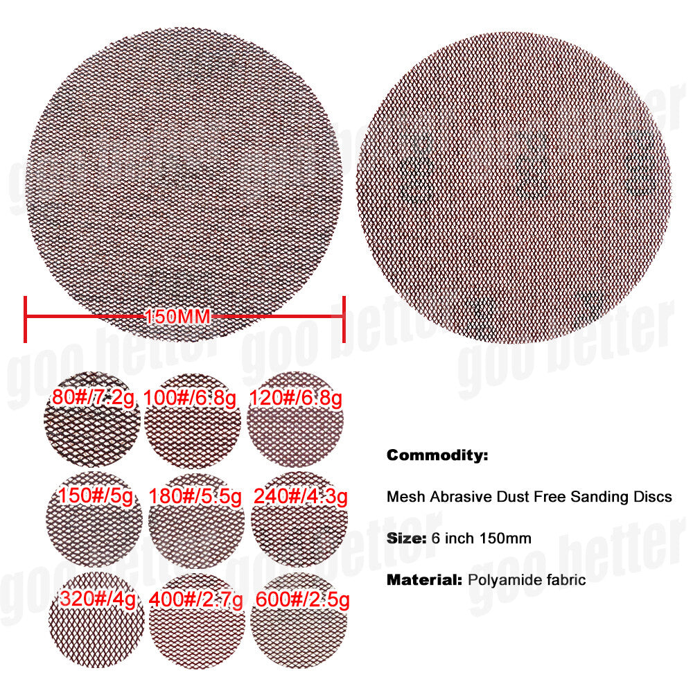 150mm Mesh Sanding Discs — P80 to P400 Grit 6‑Inch Hook & Loop Sandpaper 25/50 Pack