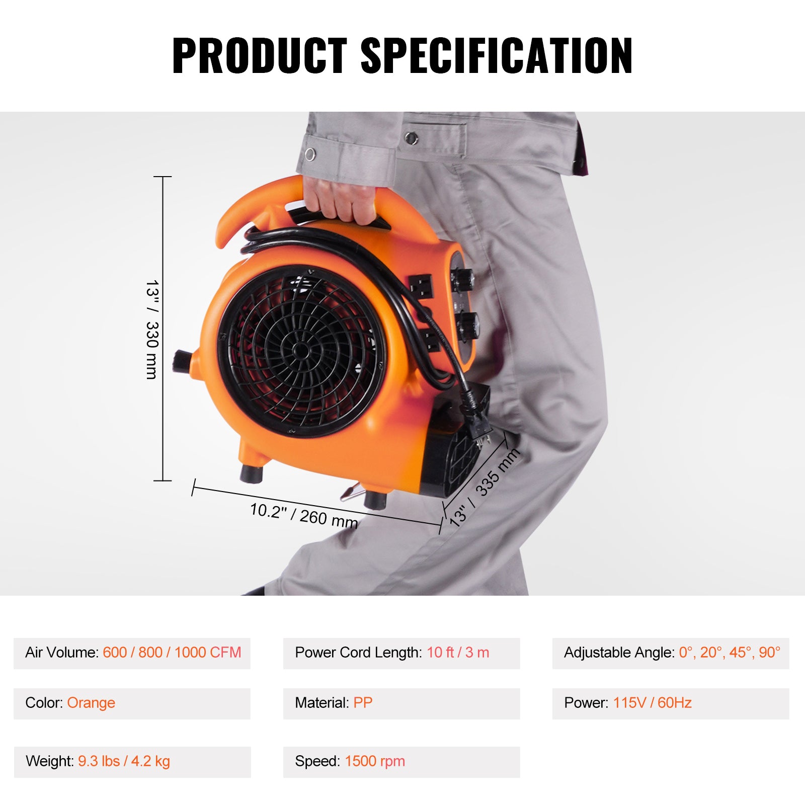 Floor Blower, 1/4 HP, 1000 CFM Air Mover for Drying and Cooling, Portable Carpet Dryer Fan with 4 Blowing Angles and Time Function, for Janitorial, Home, Commercial, Industrial Use, ETL Listed