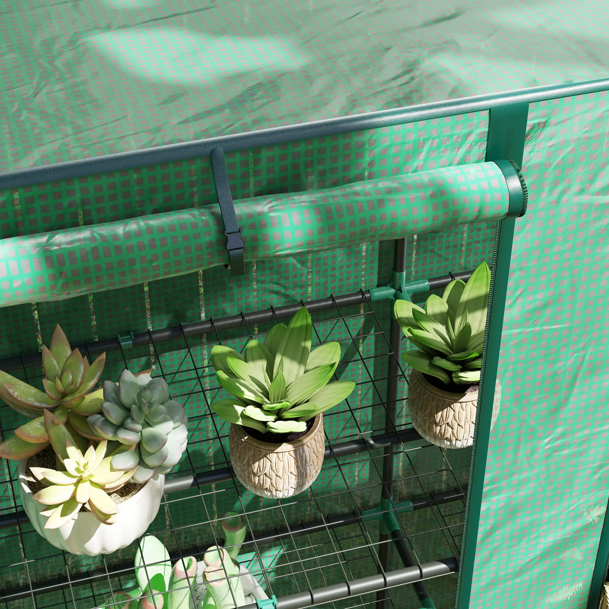 Lean‑to Portable Greenhouse with Three Shelves & Two Roll‑Up Doors — Steel Frame PE Cover Green