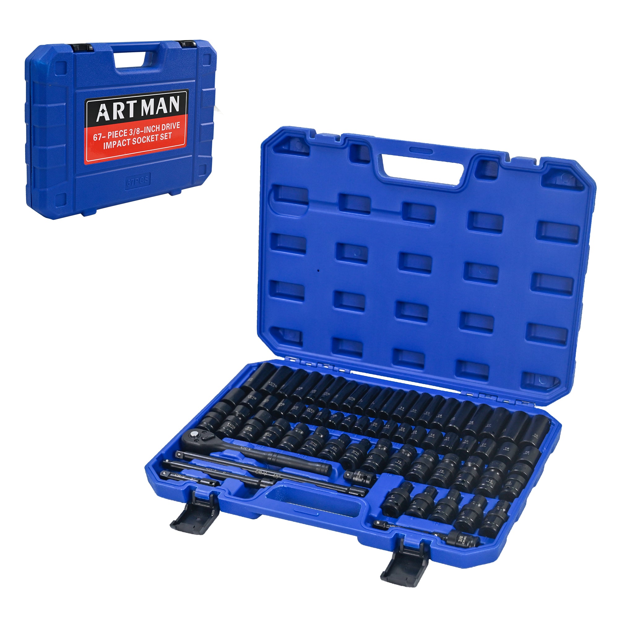 67‑Piece Air Tool & Accessories Kit — Long/Short Sockets, Extensions, Ratchet Wrenches, Quick Couplings, Black & Blue