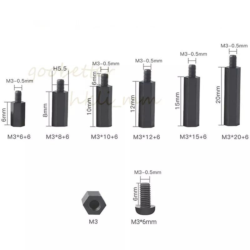180PCS M3 Black Nylon Hex Spacers Screw Nut Stand - off Kit With Plastic Box Set - HomeDIYer