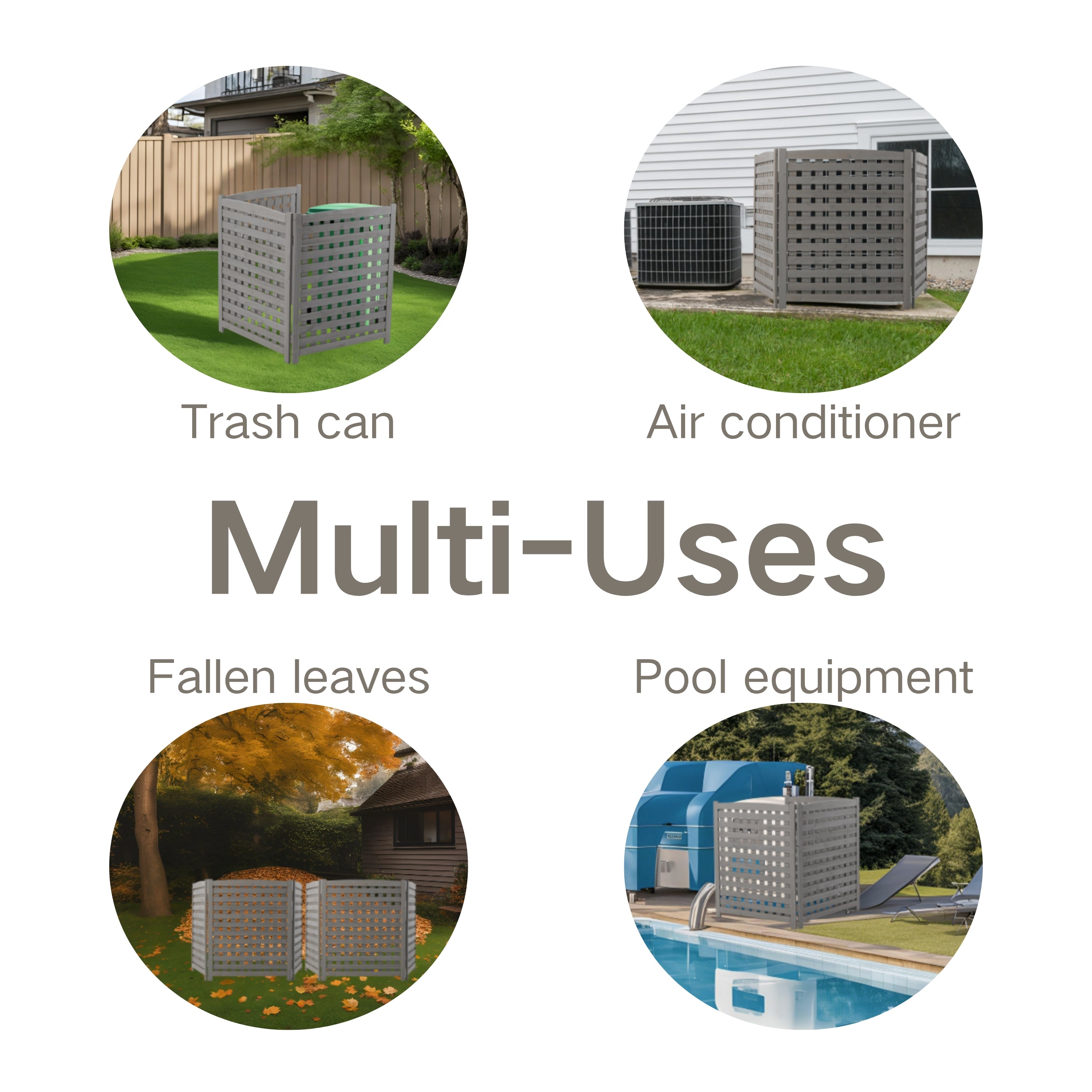 3‑Panel Fir Wood Outdoor Privacy Screen — 32" W x 38" H, AC Fence & Trash Can Enclosure, Grey