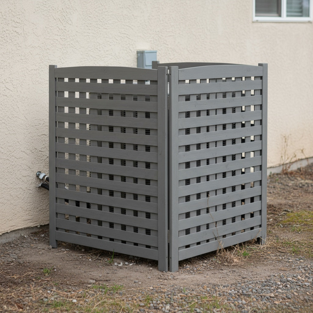 3‑Panel Fir Wood Outdoor Privacy Screen — 32" W x 38" H, AC Fence & Trash Can Enclosure, Grey