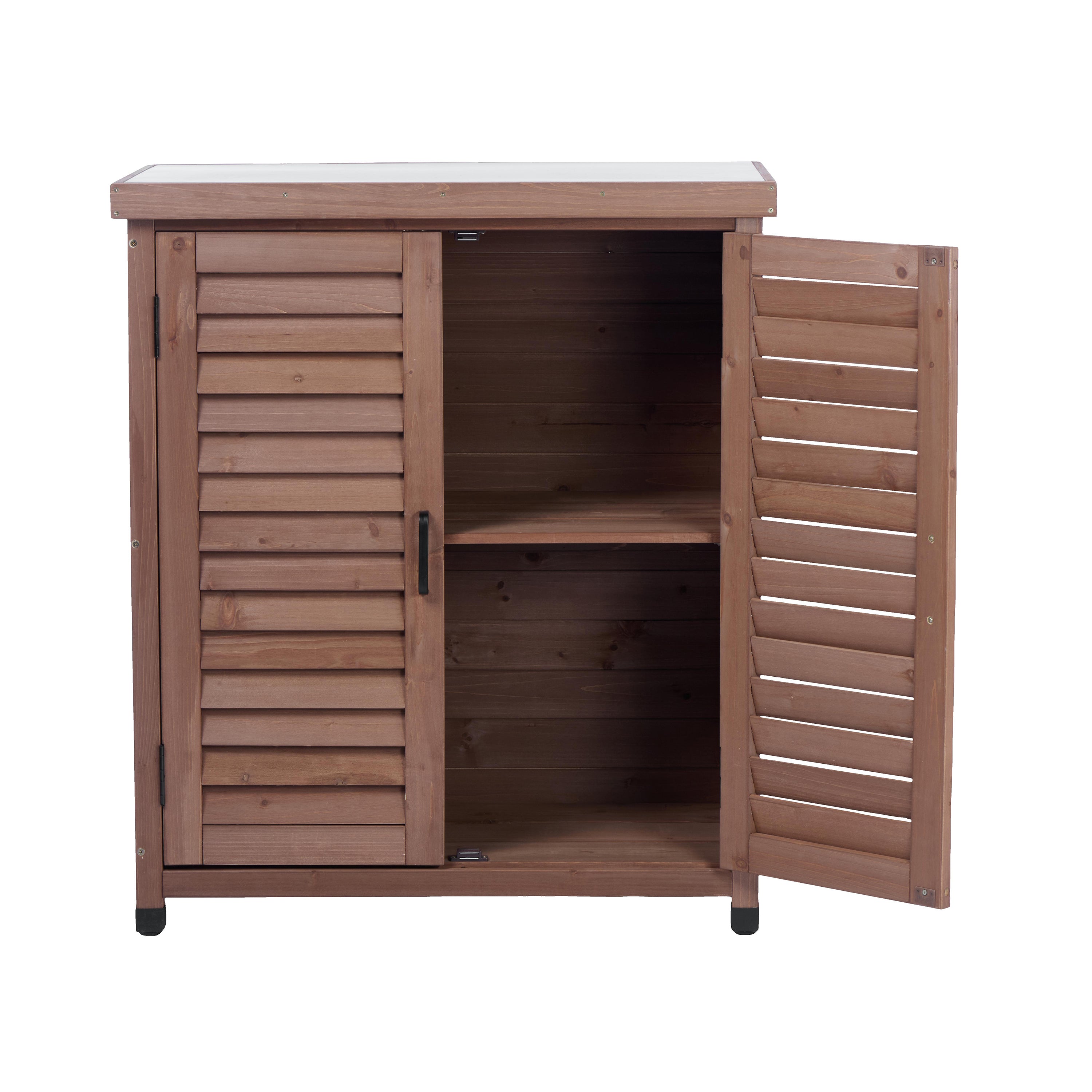 Potting Bench with Storage Cabinet and Metal Table Top for Outdoor Patio, Garden Furniture Wood Workstation Coffee 31.5x17x36''