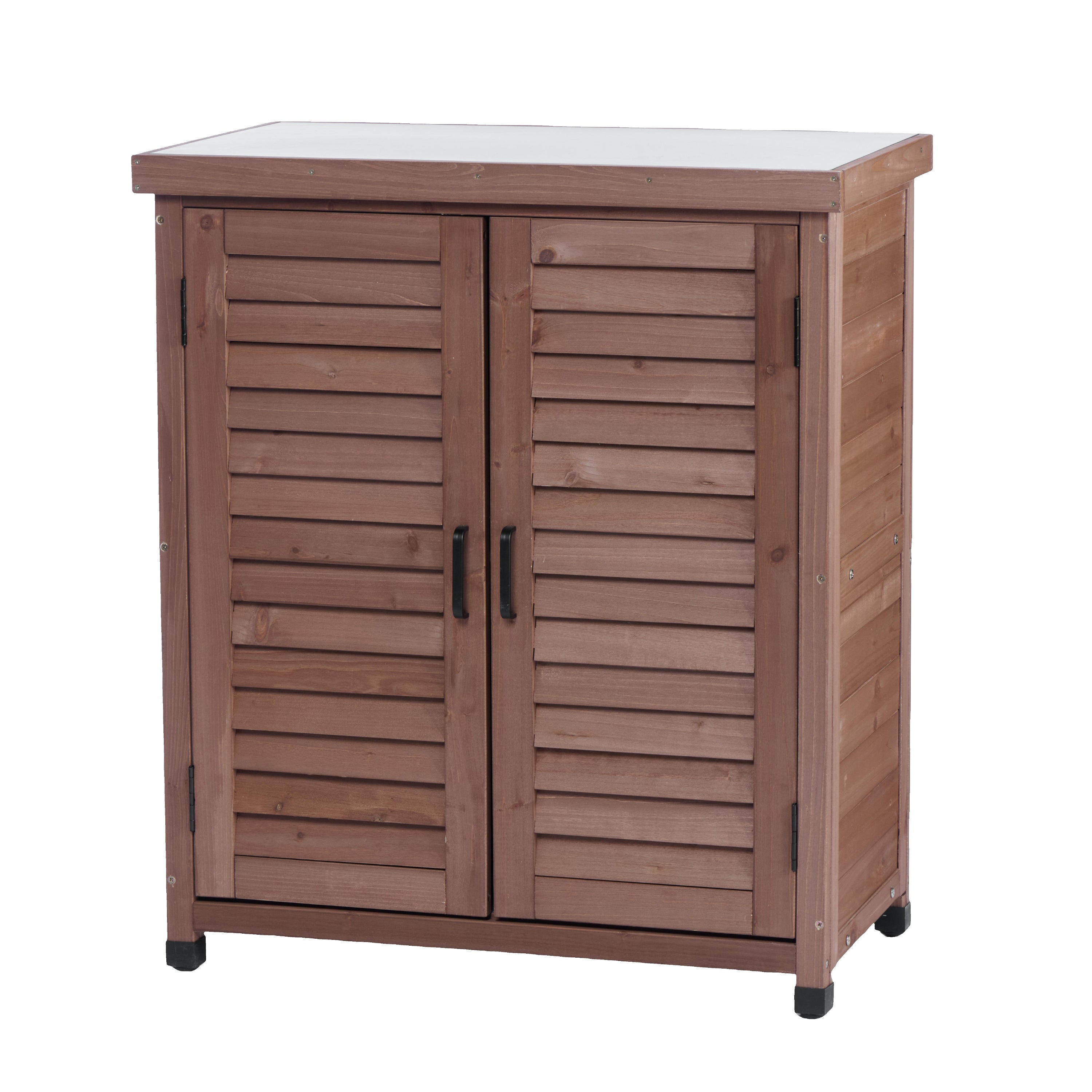 Potting Bench with Storage Cabinet and Metal Table Top for Outdoor Patio, Garden Furniture Wood Workstation Coffee 31.5x17x36''