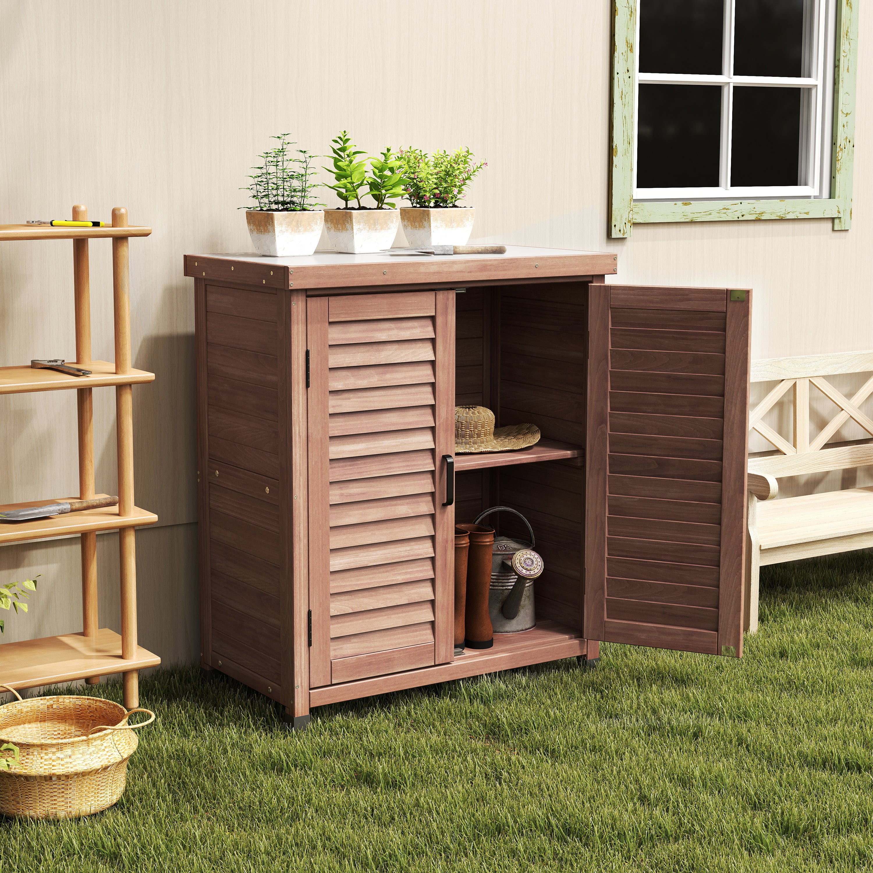 Potting Bench with Storage Cabinet and Metal Table Top for Outdoor Patio, Garden Furniture Wood Workstation Coffee 31.5x17x36''