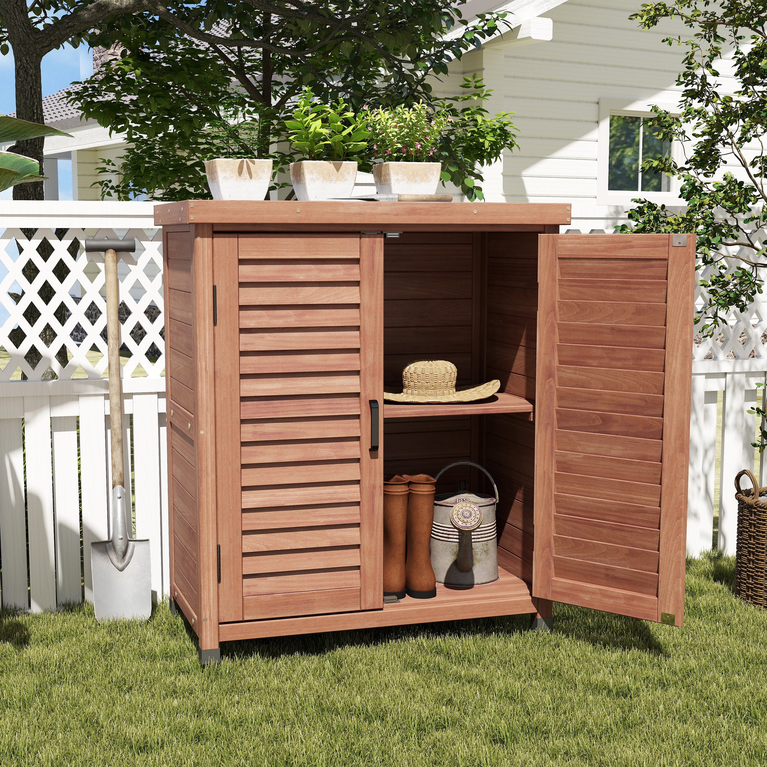 Potting Bench with Storage Cabinet and Metal Table Top for Outdoor Patio, Garden Furniture Wood Workstation Coffee 31.5x17x36''