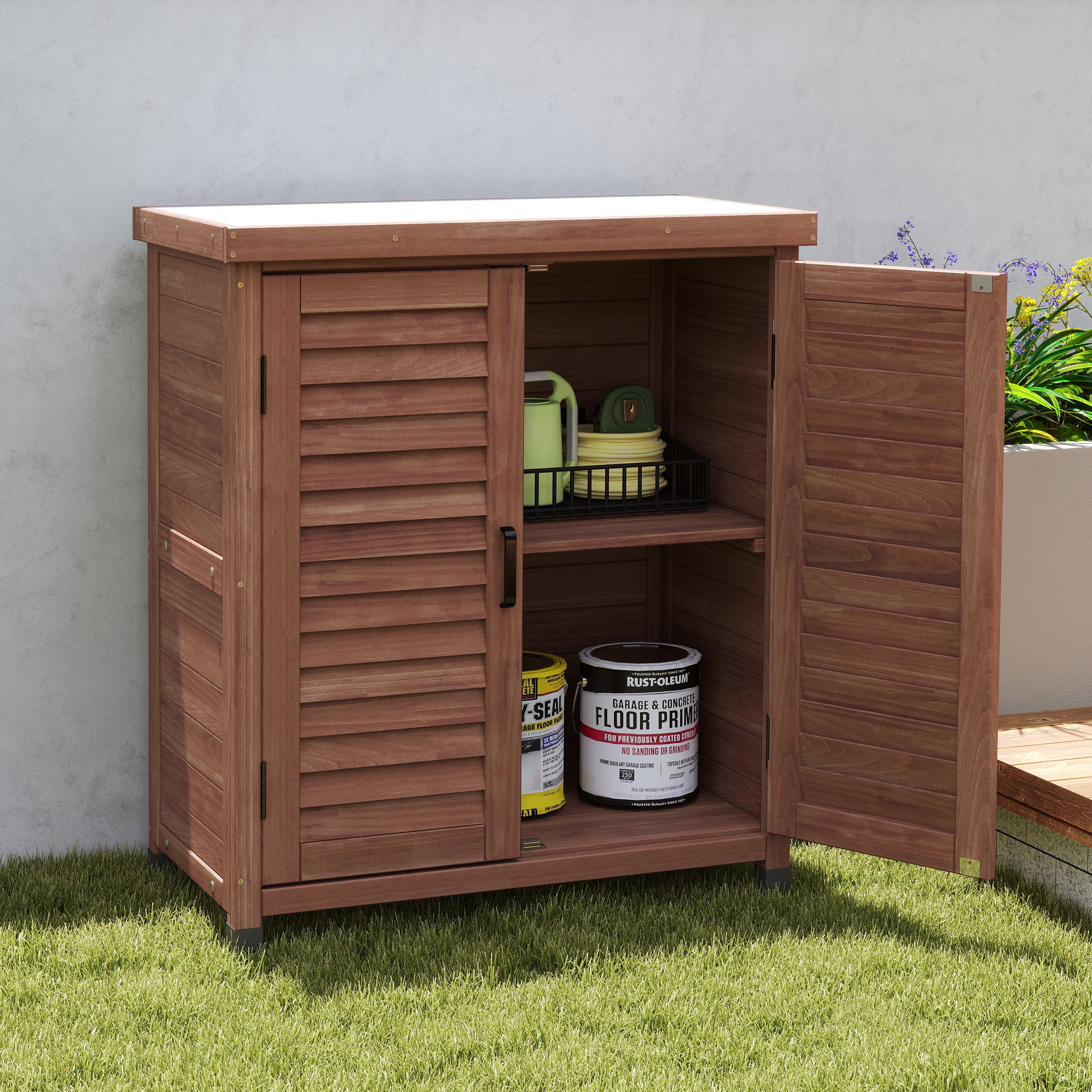Potting Bench with Storage Cabinet and Metal Table Top for Outdoor Patio, Garden Furniture Wood Workstation Coffee 31.5x17x36''