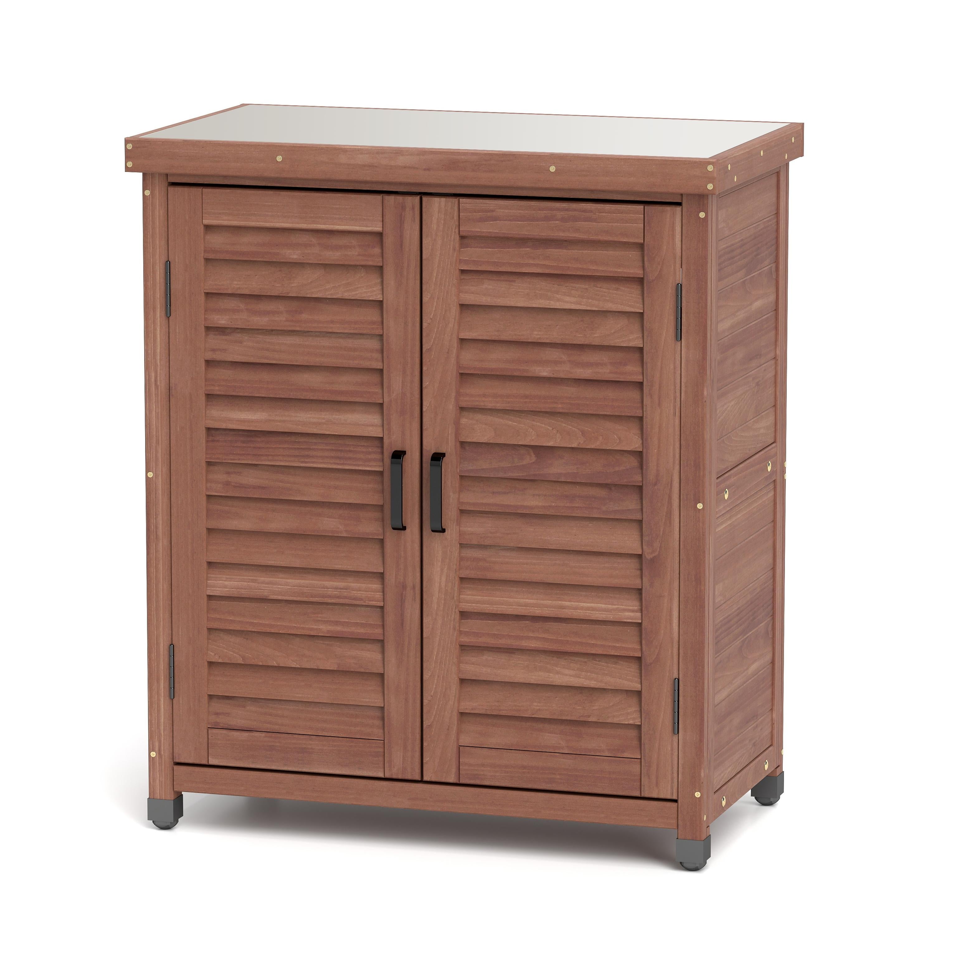 Potting Bench with Storage Cabinet and Metal Table Top for Outdoor Patio, Garden Furniture Wood Workstation Coffee 31.5x17x36''