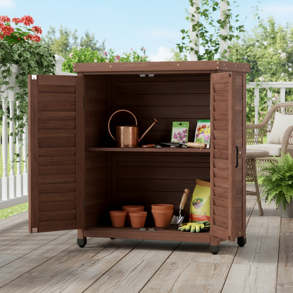 Potting Bench with Storage Cabinet and Metal Table Top for Outdoor Patio, Garden Furniture Wood Workstation Coffee 31.5x17x36''