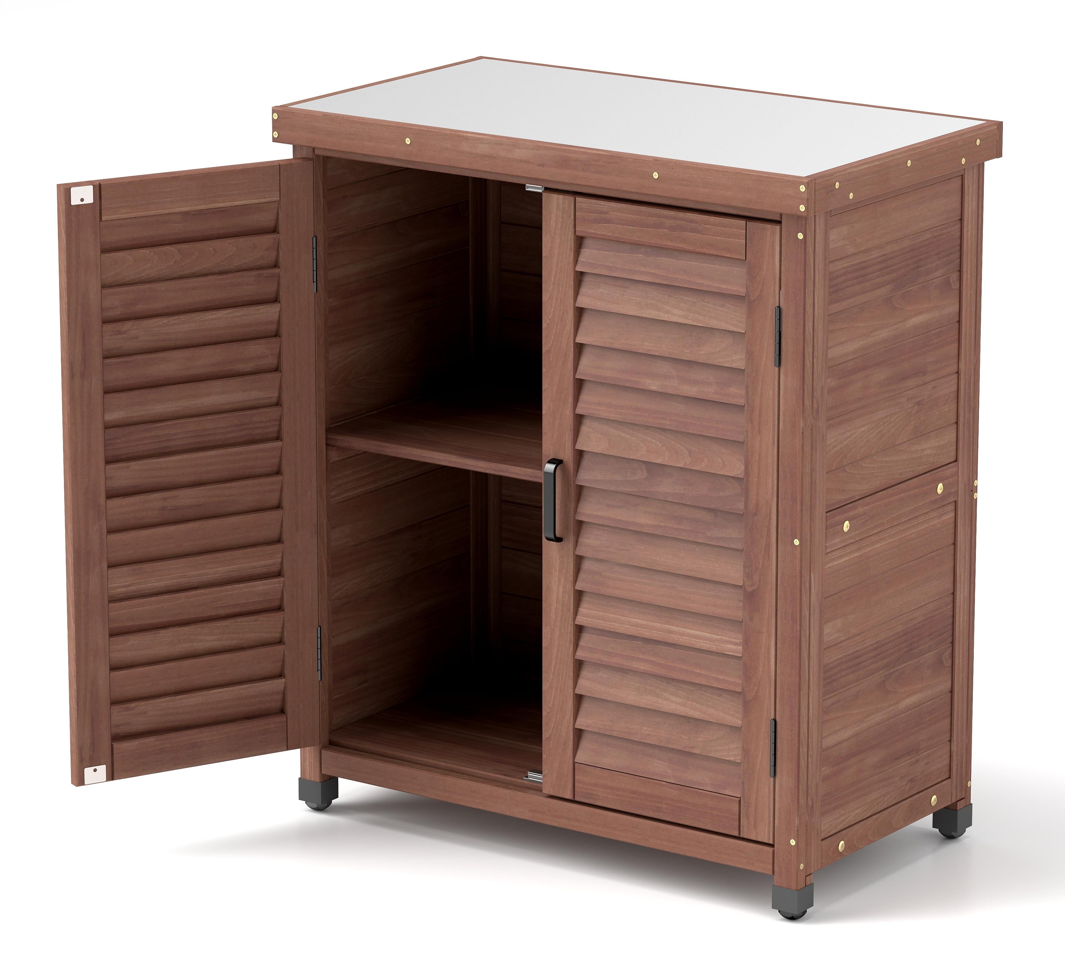 Potting Bench with Storage Cabinet and Metal Table Top for Outdoor Patio, Garden Furniture Wood Workstation Coffee 31.5x17x36''