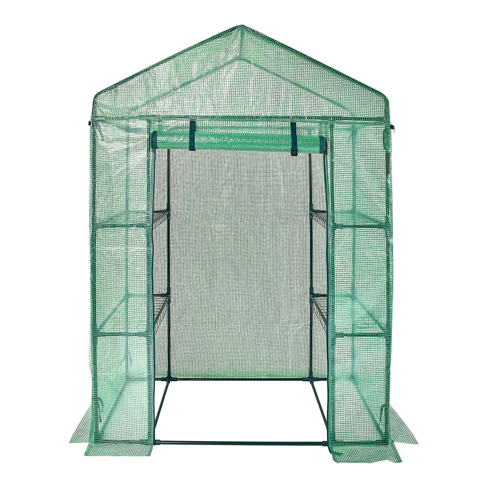 4.6ft x 2.4ft x 6.7ft Walk‑In Greenhouse with 4 Shelves — High‑Strength PE Cover Roll‑Up Door & Steel Frame Green