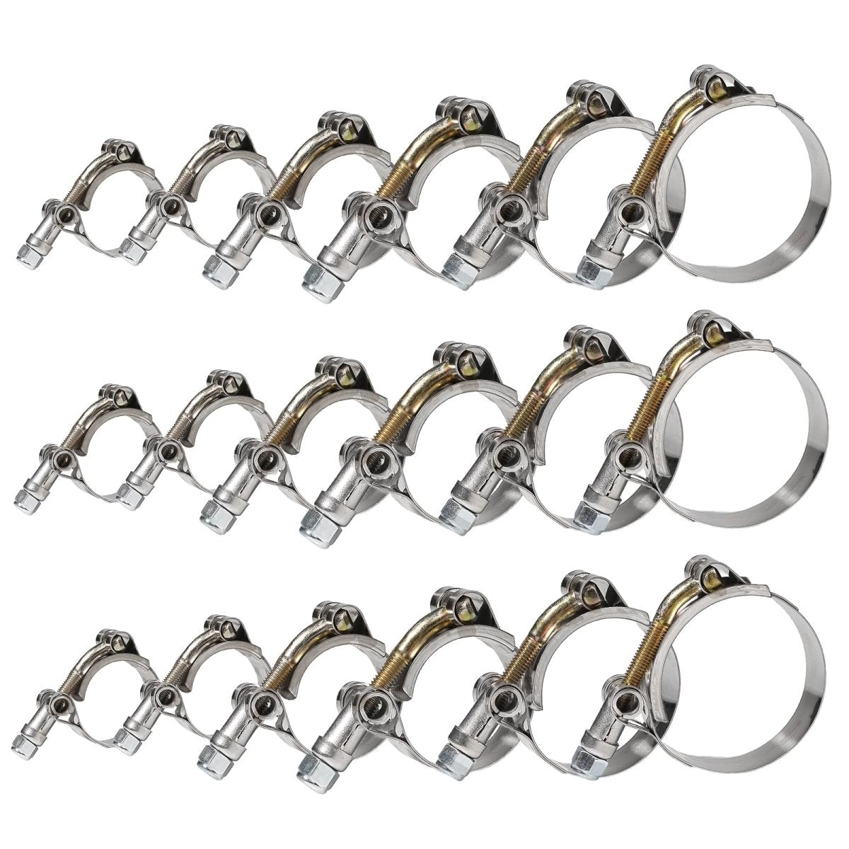 18 Pcs 6 Sizes Goobetter T - Bolt Hose Clamps Stainless Steel, Turbo Intake Intercooler Clamps Assortment, 28 - 64mm Adjustable T - Bolt Heavy Duty Hose Clamp for Radiator, Automotive, Washing Machine - HomeDIYer