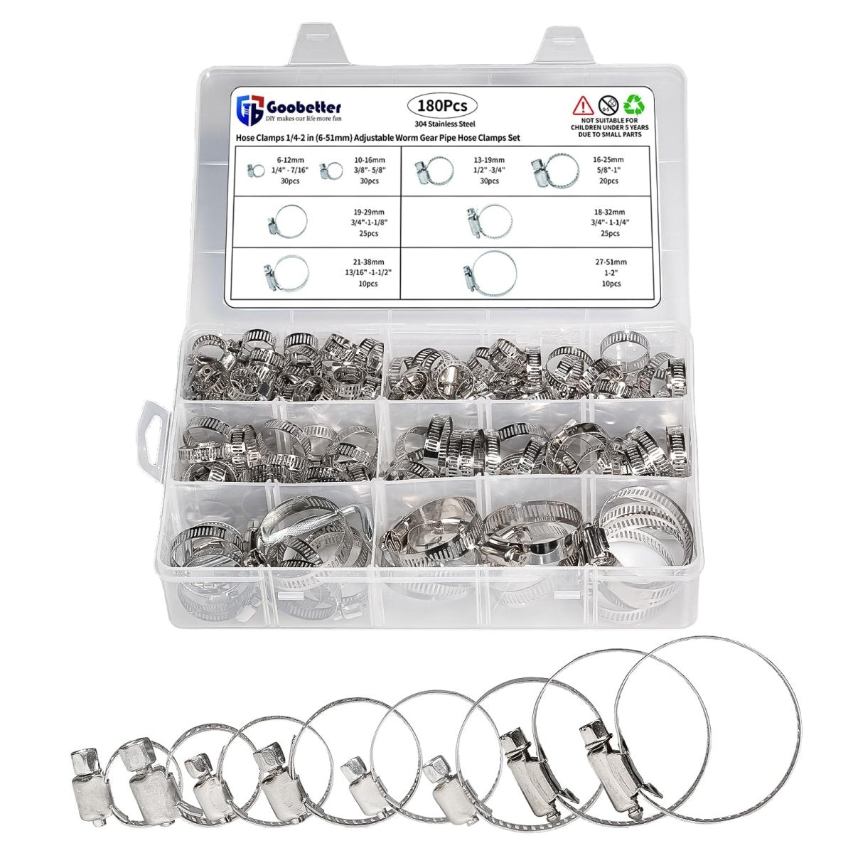 180 Pcs Hose Clamps Stainless Steel, Small Hose Clamps Assortment, 1/4 - 2 in (6 - 51mm) Adjustable Worm Gear Hose Clamps Heavy Duty for Plumbing, Dishwasher, Automotive, Washing Machine - HomeDIYer