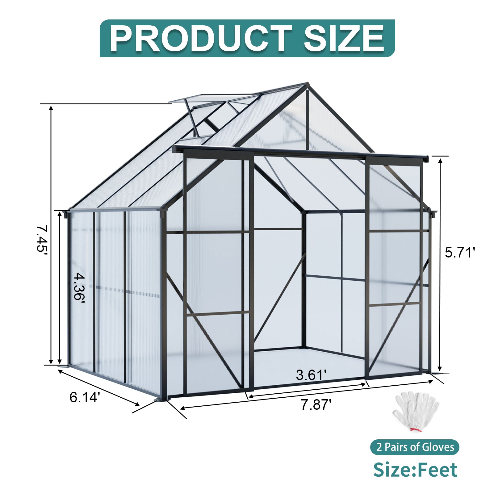 8ft x 6ft Heavy‑Duty Aluminum Walk‑In Greenhouse — Double Doors Adjustable Roof & Polycarbonate Panels Black