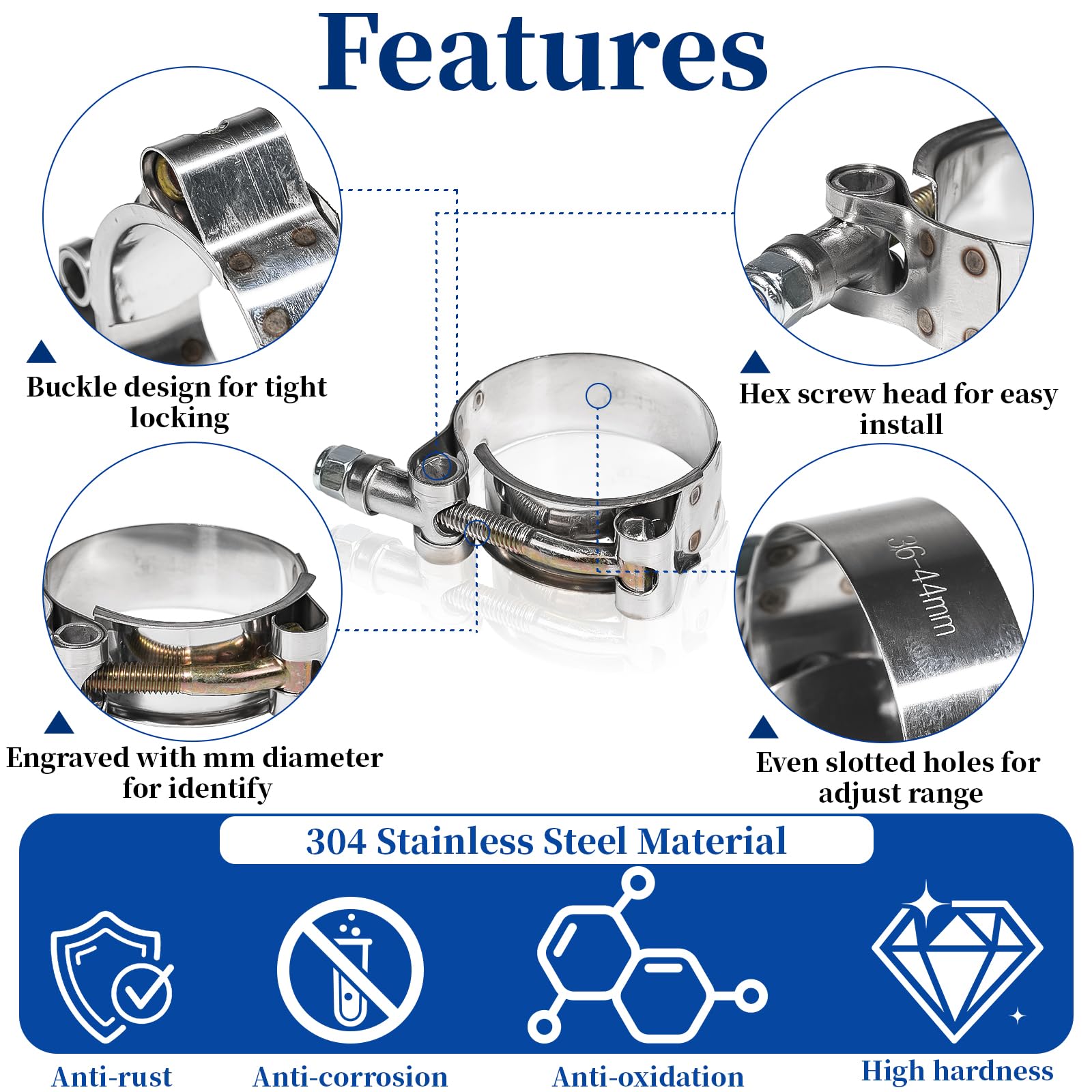 18 Pcs 6 Sizes Goobetter T-Bolt Hose Clamps Stainless Steel, Turbo Intake Intercooler Clamps Assortment, 28-64mm Adjustable T-Bolt Heavy Duty Hose Clamp for Radiator, Automotive, Washing Machine