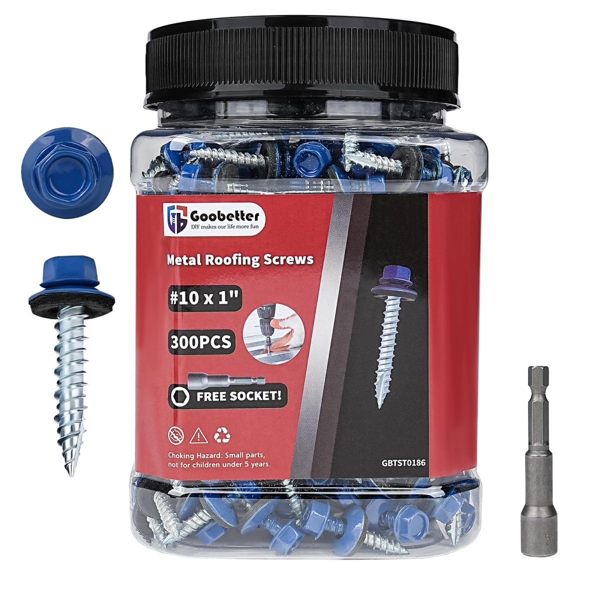 Metal Roofing Screws 10 × 1", 300 - PCS, Blue Painted Hex Head Sheet Metal Roof Screws, Rubber Washer, Sharp Point, Metal to Wood Siding Screws, Hex Socket Included - HomeDIYer