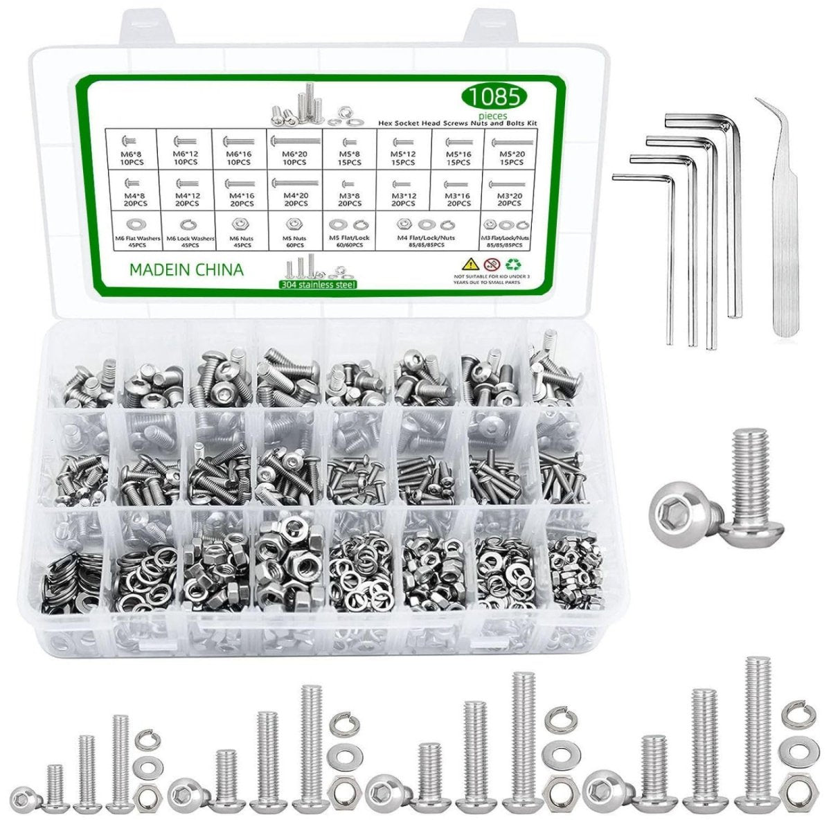 Nut and Bolt Assortment,1085pcs Round Head Socket Cap Screws Set, Pan Head Bolts and Nuts Set, M3 M4 M5 M6 Metric Hex Button Cap Screws - HomeDIYer