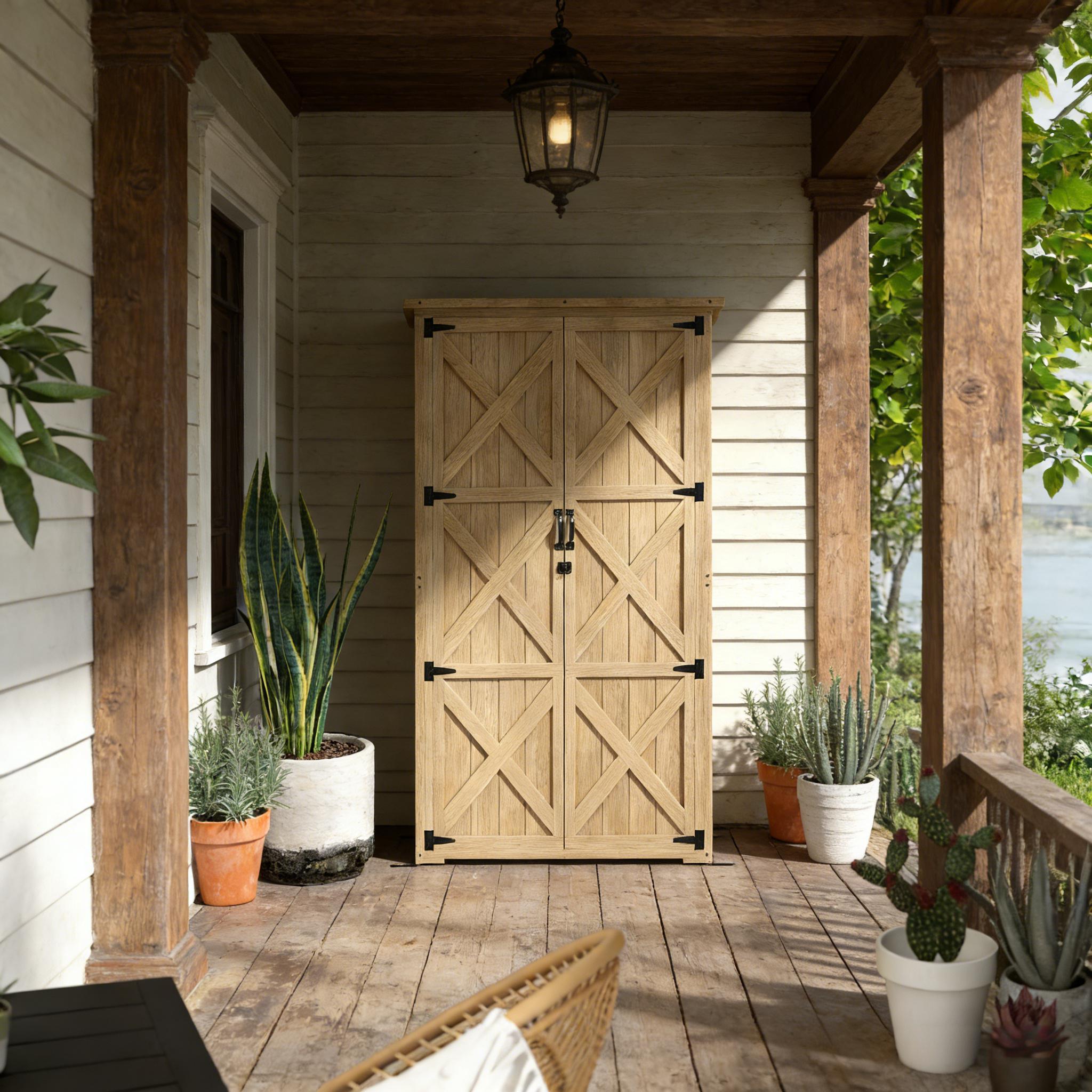 Wooden Outdoor Storage Shed Cabinet, 35.5" W Vertical Fir Wood Garden Shed with Lockable Doors & Asphalt Roof