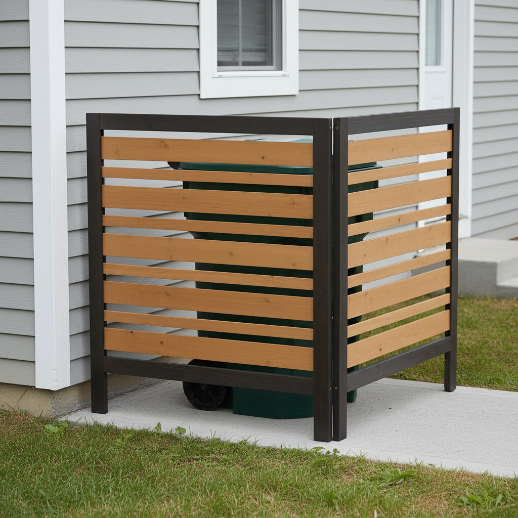 2‑Panel Solid Wood Outdoor Privacy Screen — 38" W x 42" H, Black & Gold, AC Fence & Trash Can Enclosure