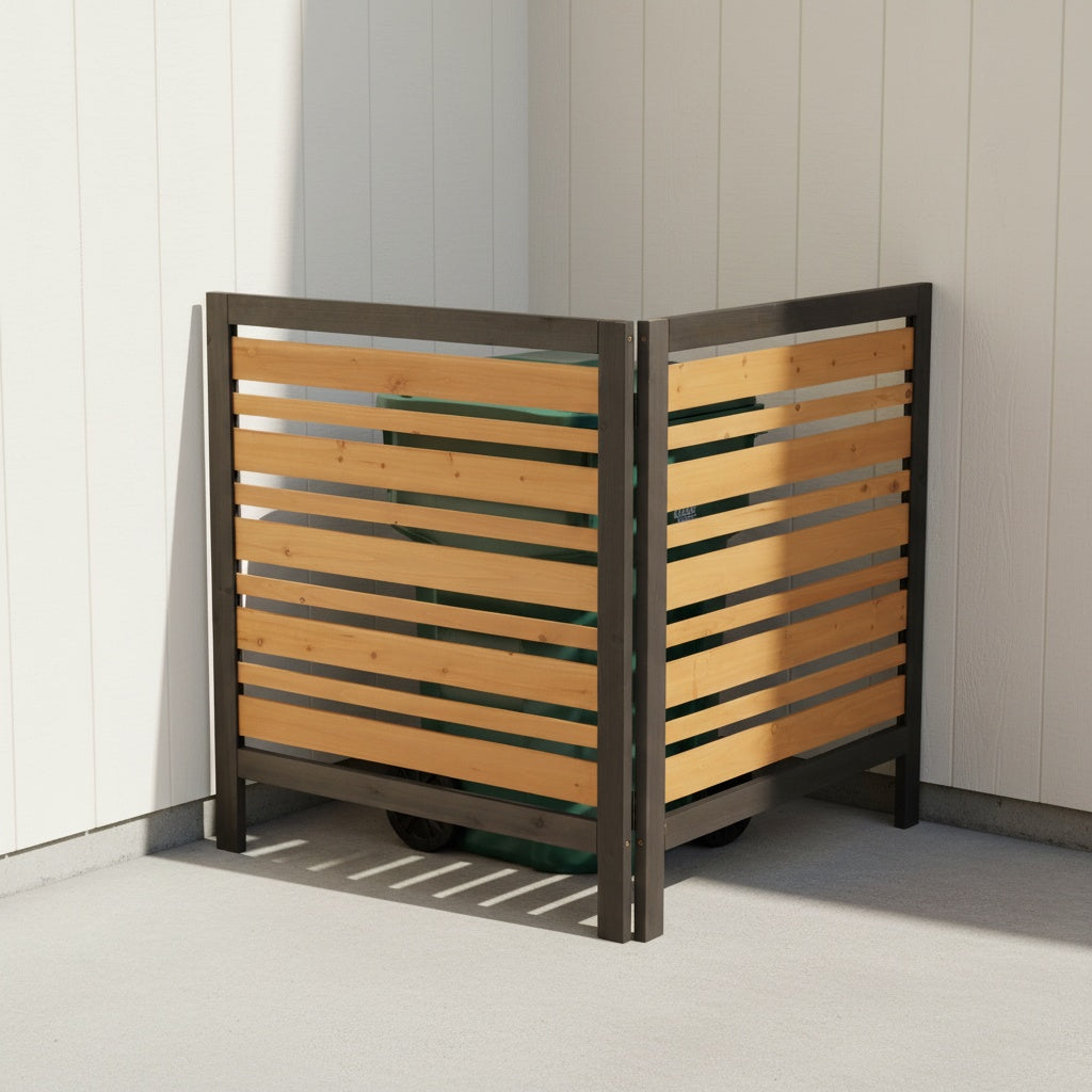2‑Panel Solid Wood Outdoor Privacy Screen — 38" W x 42" H, Black & Gold, AC Fence & Trash Can Enclosure
