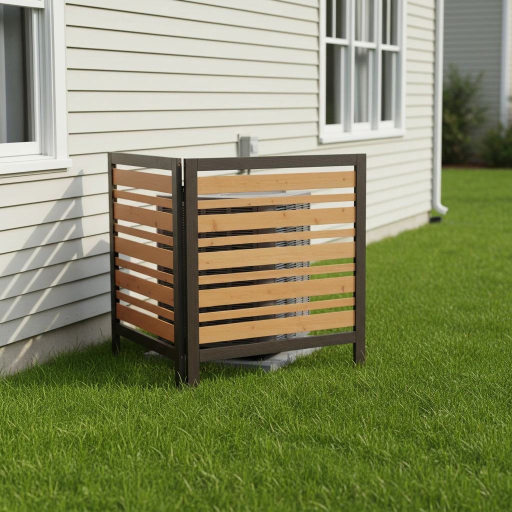 2‑Panel Solid Wood Outdoor Privacy Screen — 38" W x 42" H, Black & Gold, AC Fence & Trash Can Enclosure