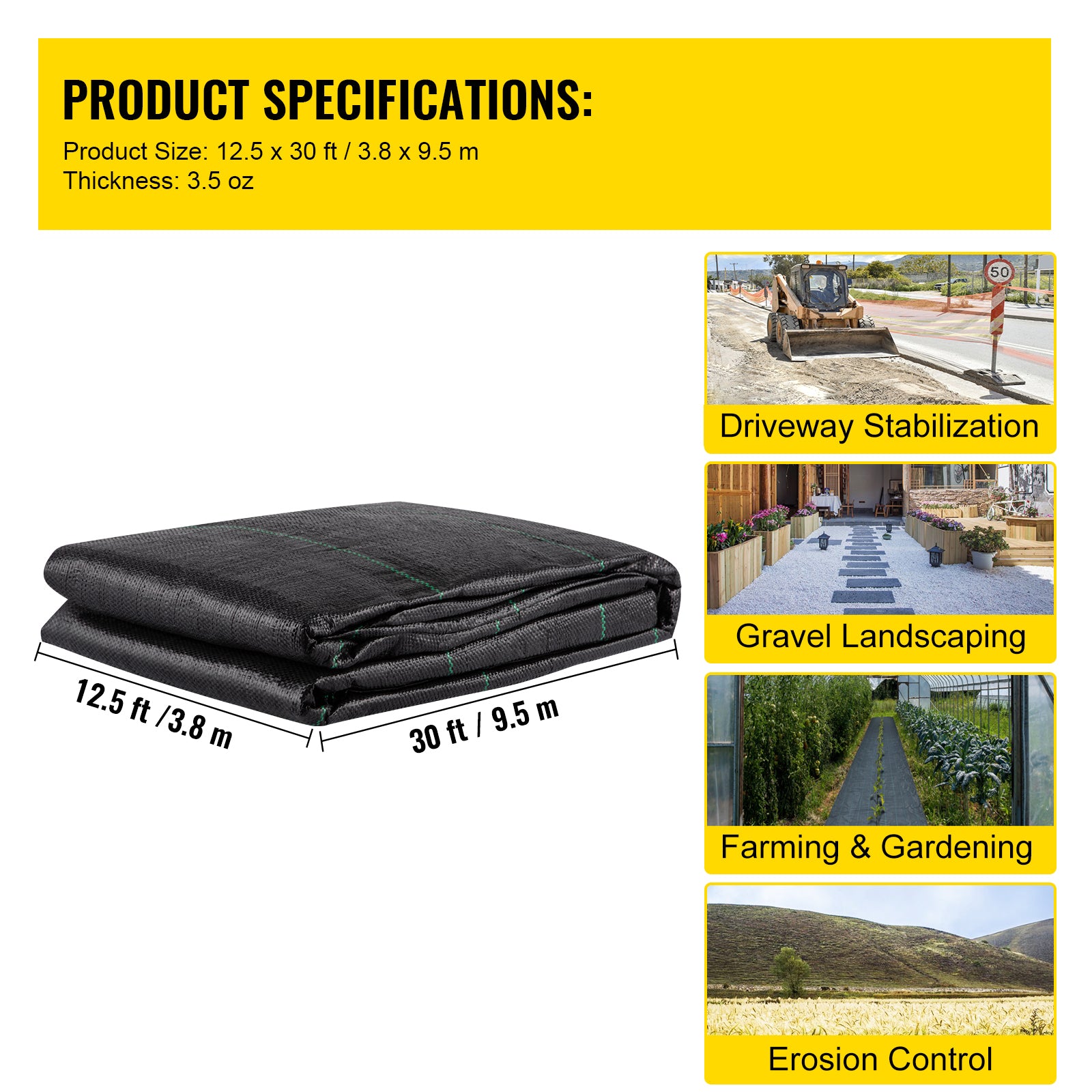 12.5ft x 30ft 3.5oz Woven Geotextile Driveway Fabric — 600lb Tensile Strength Underlayment & Weed Barrier Black