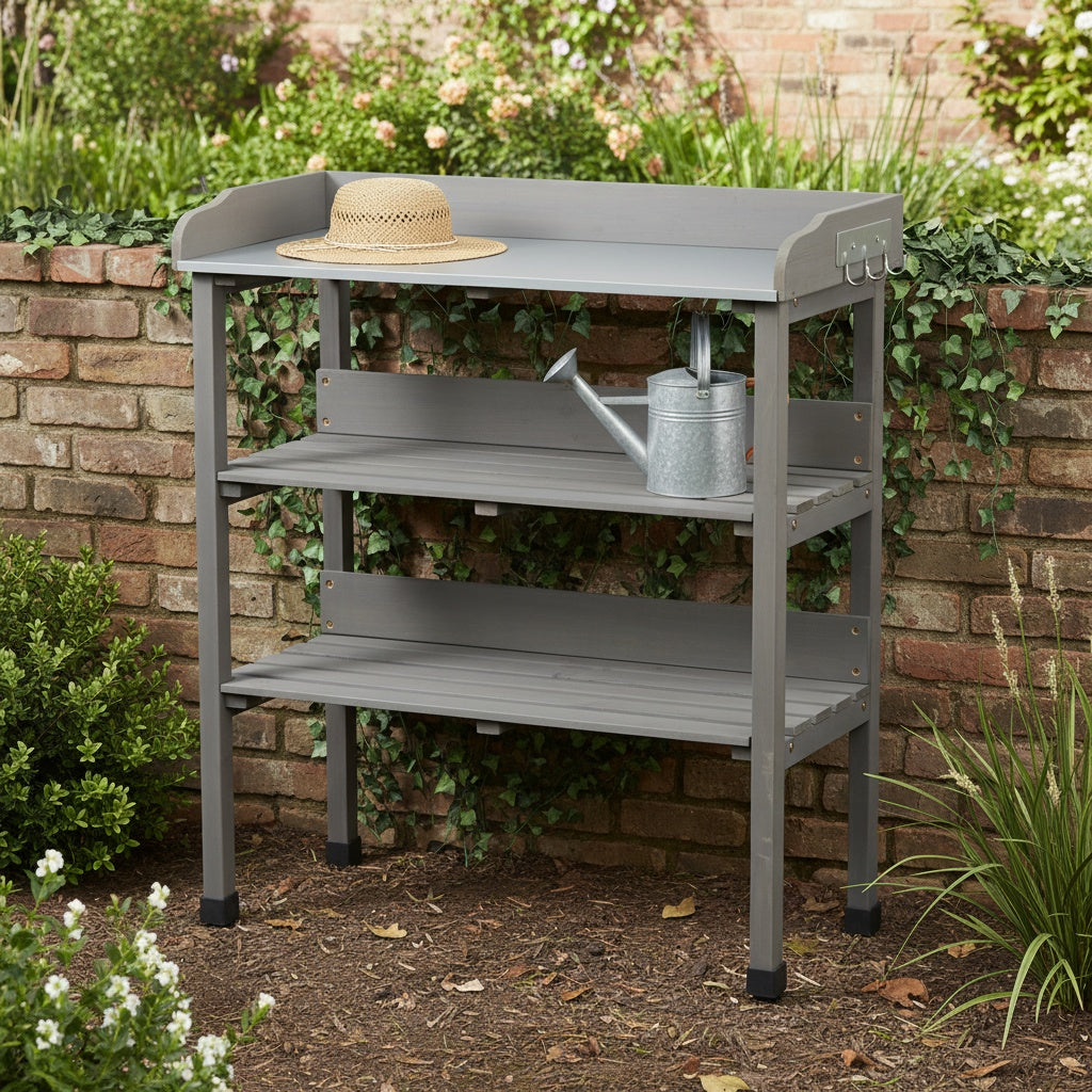 30″x14.5″×35.5″ Potting Table w/Metal Tabletop, 3 Layers Outdoor Work Bench w/Hook for Garden, Solid Wood Workstation for Garage