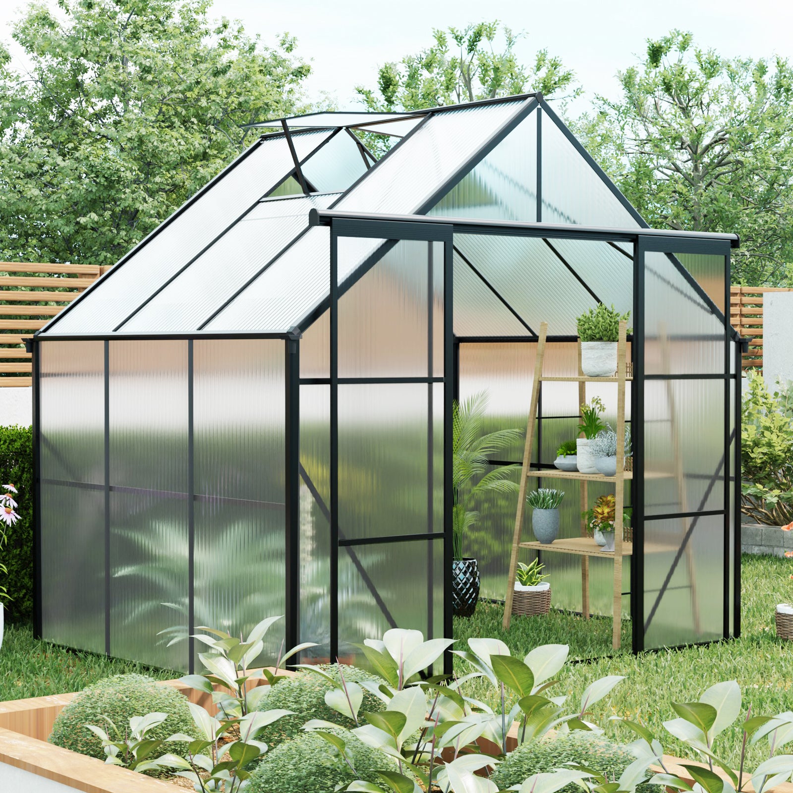 8ft x 6ft Heavy‑Duty Aluminum Walk‑In Greenhouse — Double Doors Adjustable Roof & Polycarbonate Panels Black